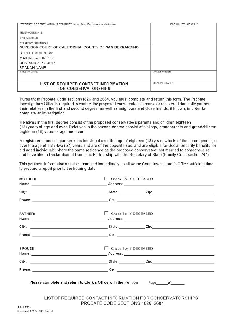 List Of Required Contact Information For Conservatorships {SB-12224} | Pdf Fpdf Docx | California