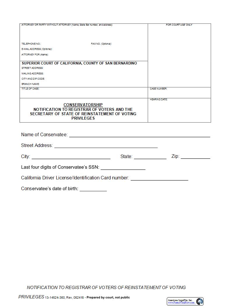 Notification (To Registrar Of Voters) Of Reinstatement Of Voting {13-14524-360} | Pdf Fpdf Docx | California