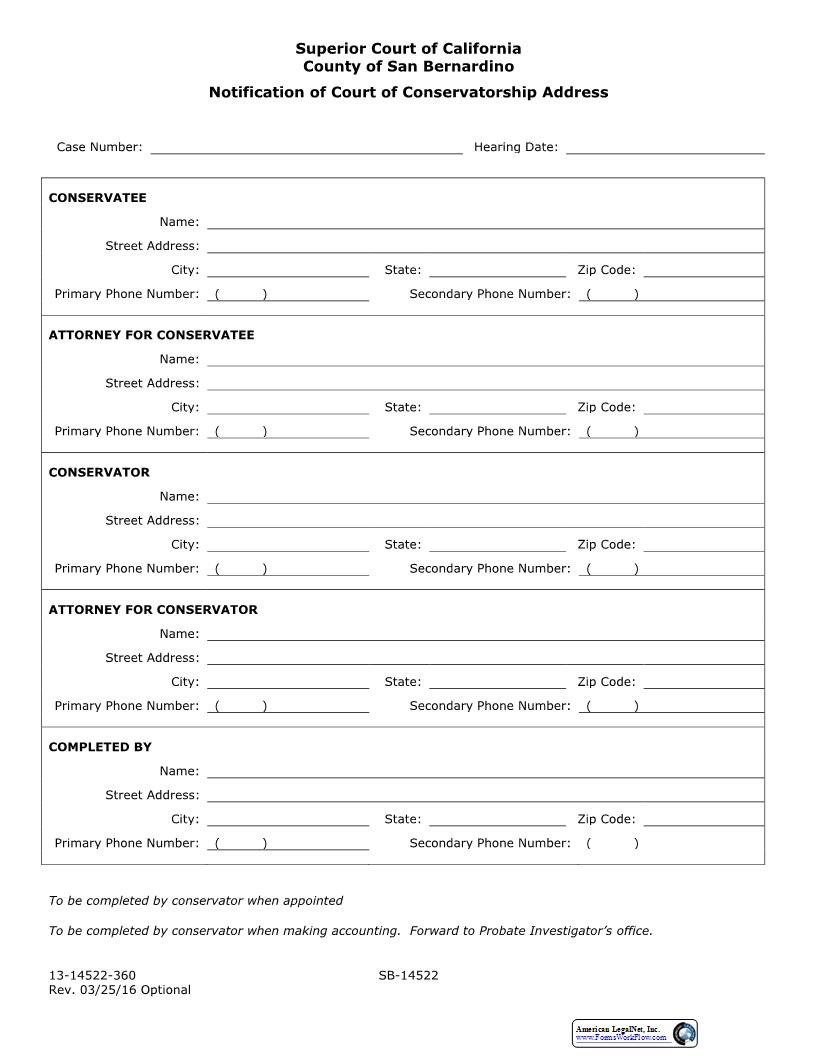 Notification To Court Of Address On Conservatorship Or Guardianship {SB-14522} | Pdf Fpdf Docx | California