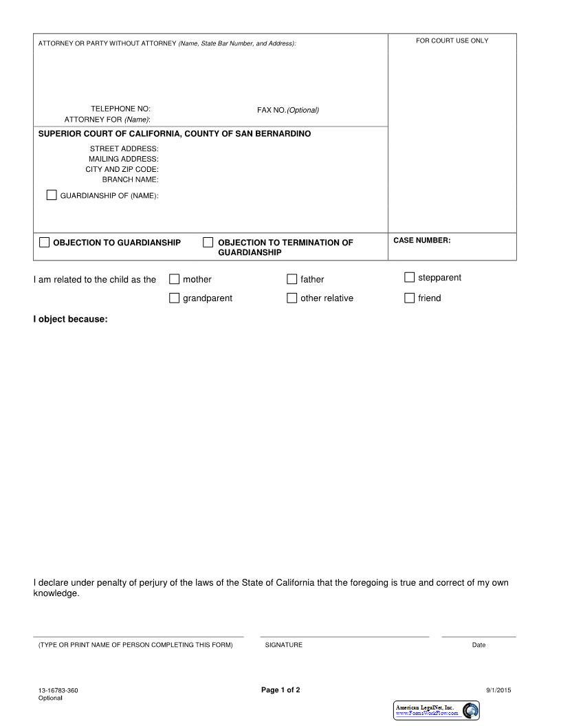 Objection To Guardianship {13-16783-360} | Pdf Fpdf Docx | California
