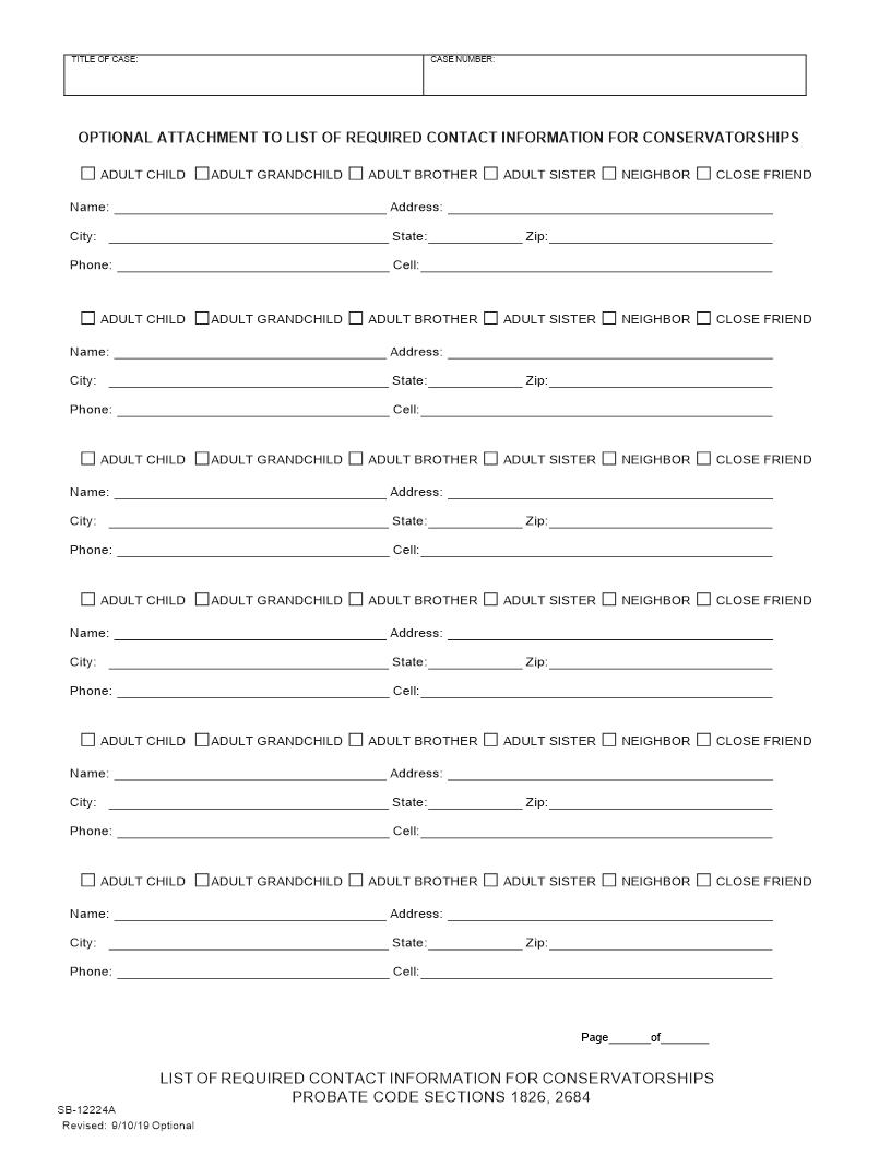 Optional Attachment To List Of Required Contact Information For Conservatorships {SB-12224A} | Pdf Fpdf Docx | California