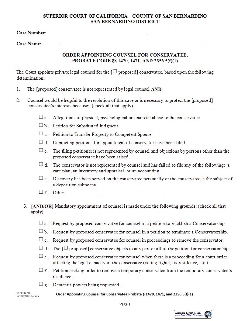 Order Appointing Counsel For Conservatee {13-00397-360} | Pdf Fpdf Docx | California