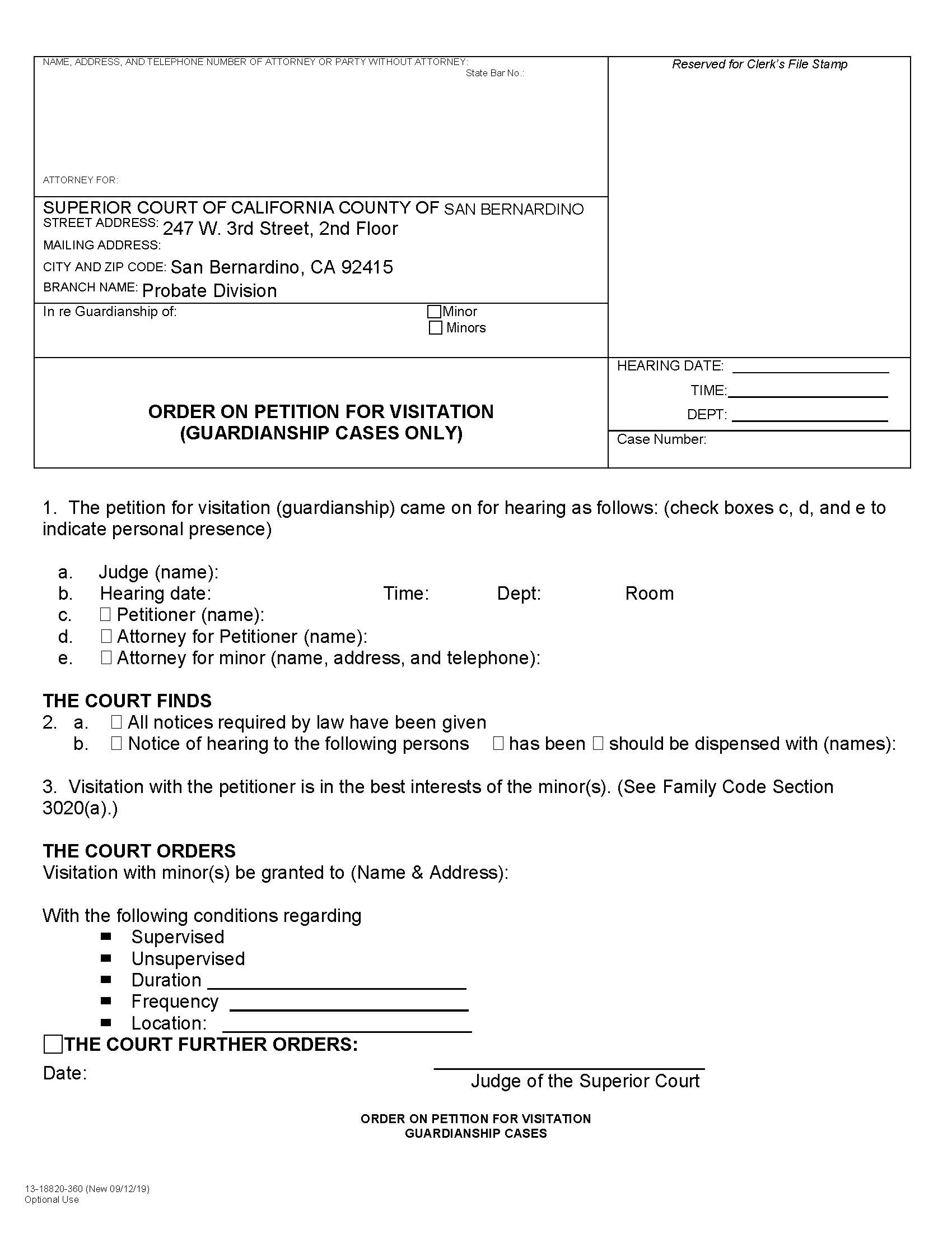 Order On Petition For Visitation (Guardianship Cases Only) {13-18820-360} | Pdf Fpdf Docx | California
