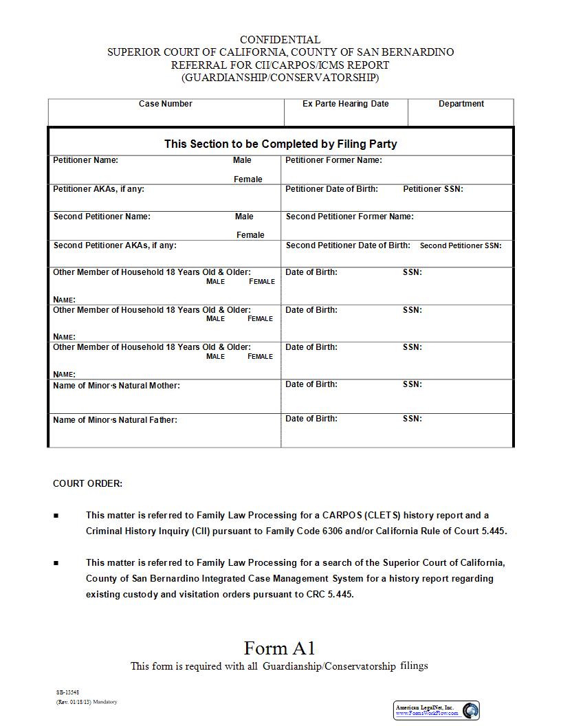 Referral For CII-CARPOS-ICMS Report (Guardianship-Conservatorship) (Form A1) {SB-13548} | Pdf Fpdf Docx | California