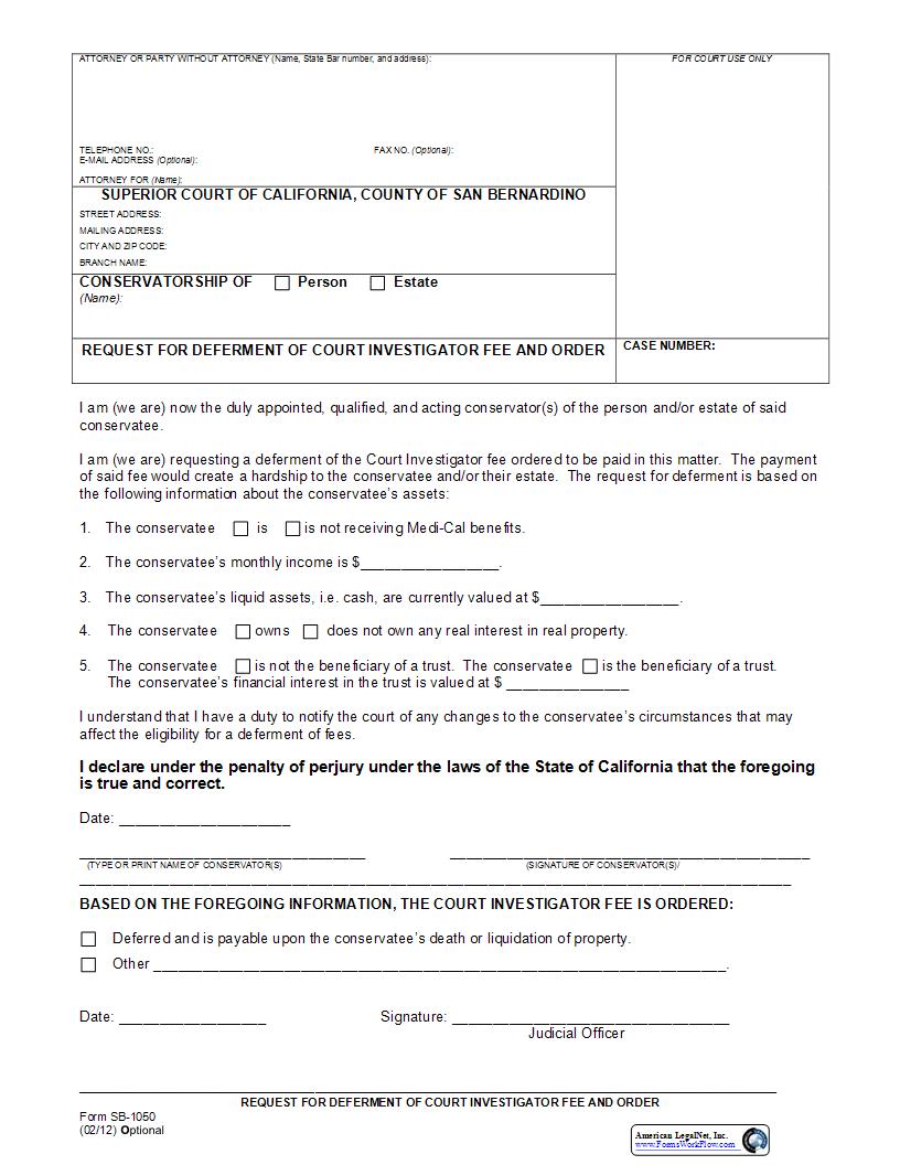 Request For Deferment Of Court Investigator Fee And Order {SB-1050} | Pdf Fpdf Docx | California