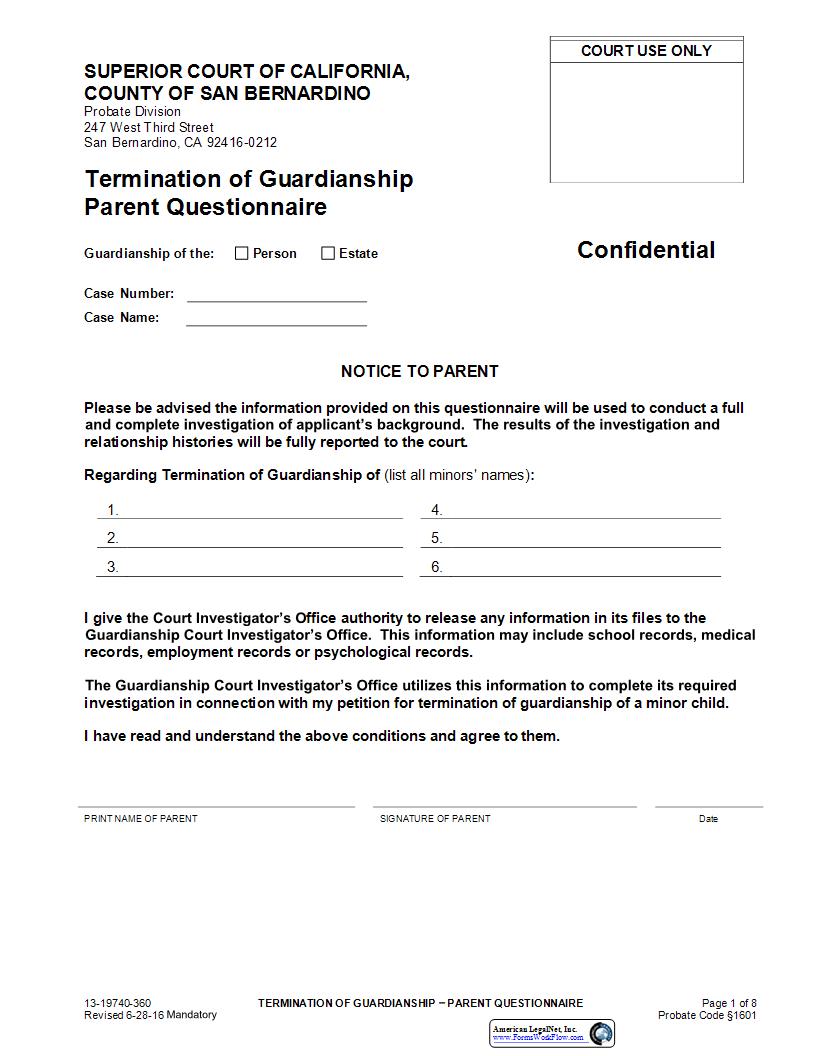 Termination Of Guardianship Parent Questionnaire {13-19740-360} | Pdf Fpdf Docx | California
