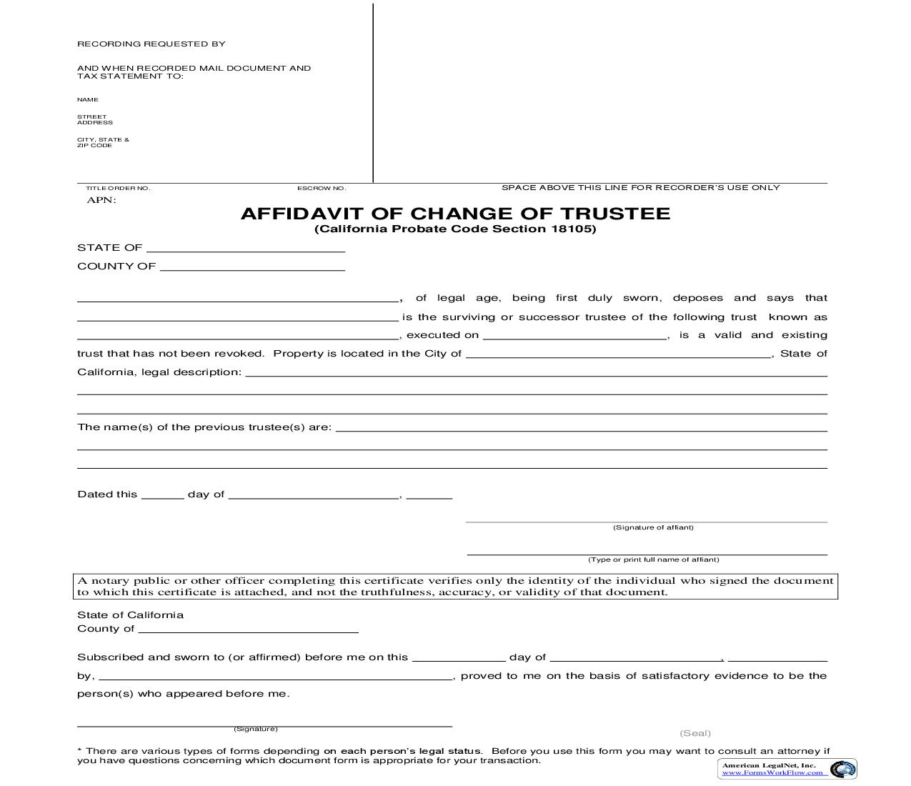 Affidavit Of Change Of Trustee | Pdf Fpdf Doc Docx | California
