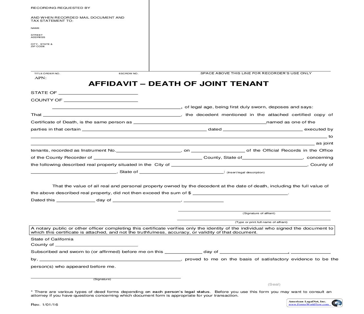 Affidavit-Death Of Joint Tenant | Pdf Fpdf Doc Docx | California