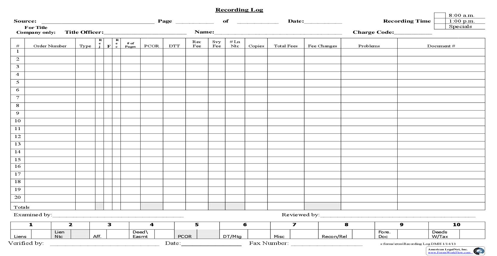 Recording Log (Title Log Cover Sheet) | Pdf Fpdf Doc Docx | California