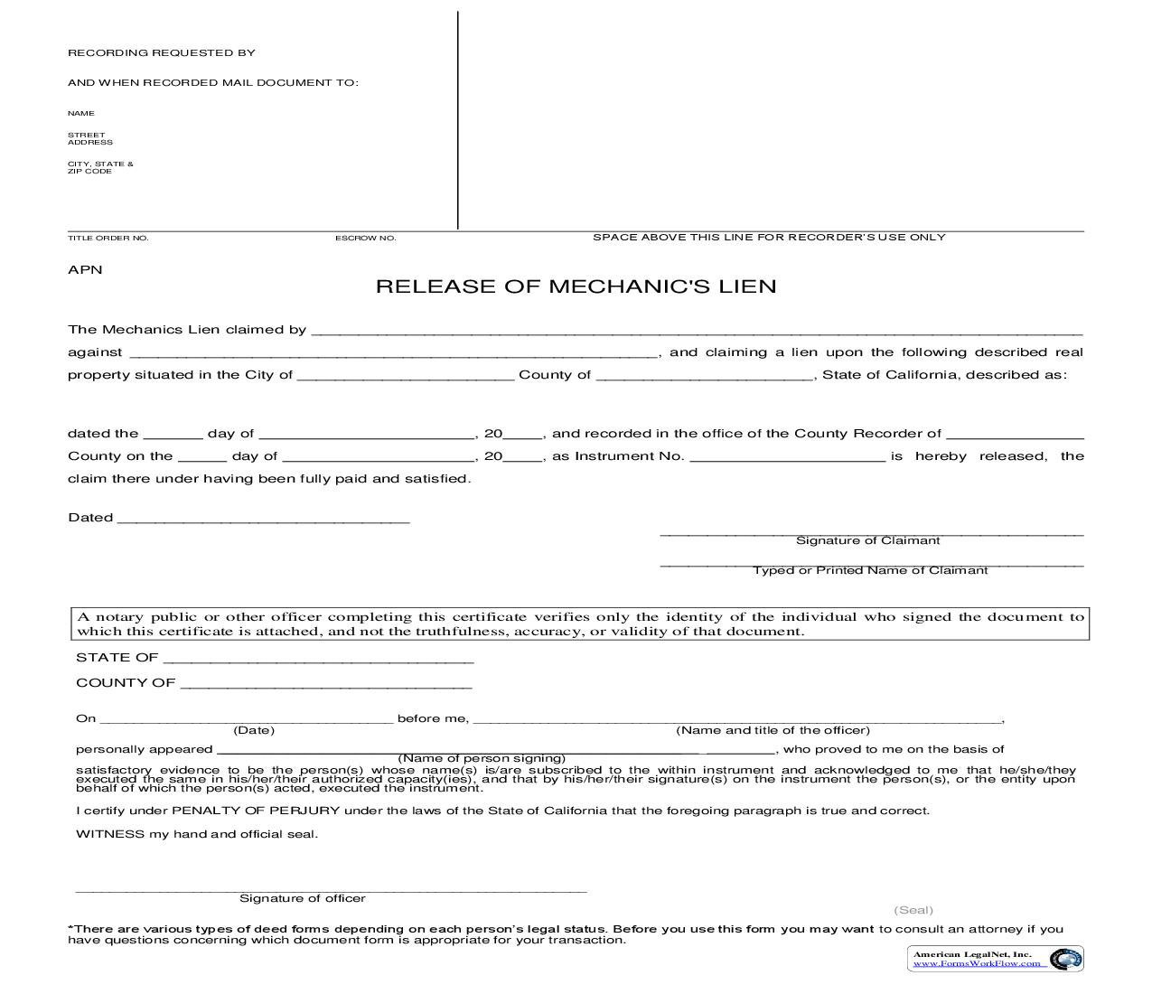 Release Of Mechanics Lien (San Bernardino) | Pdf Fpdf Doc Docx | California