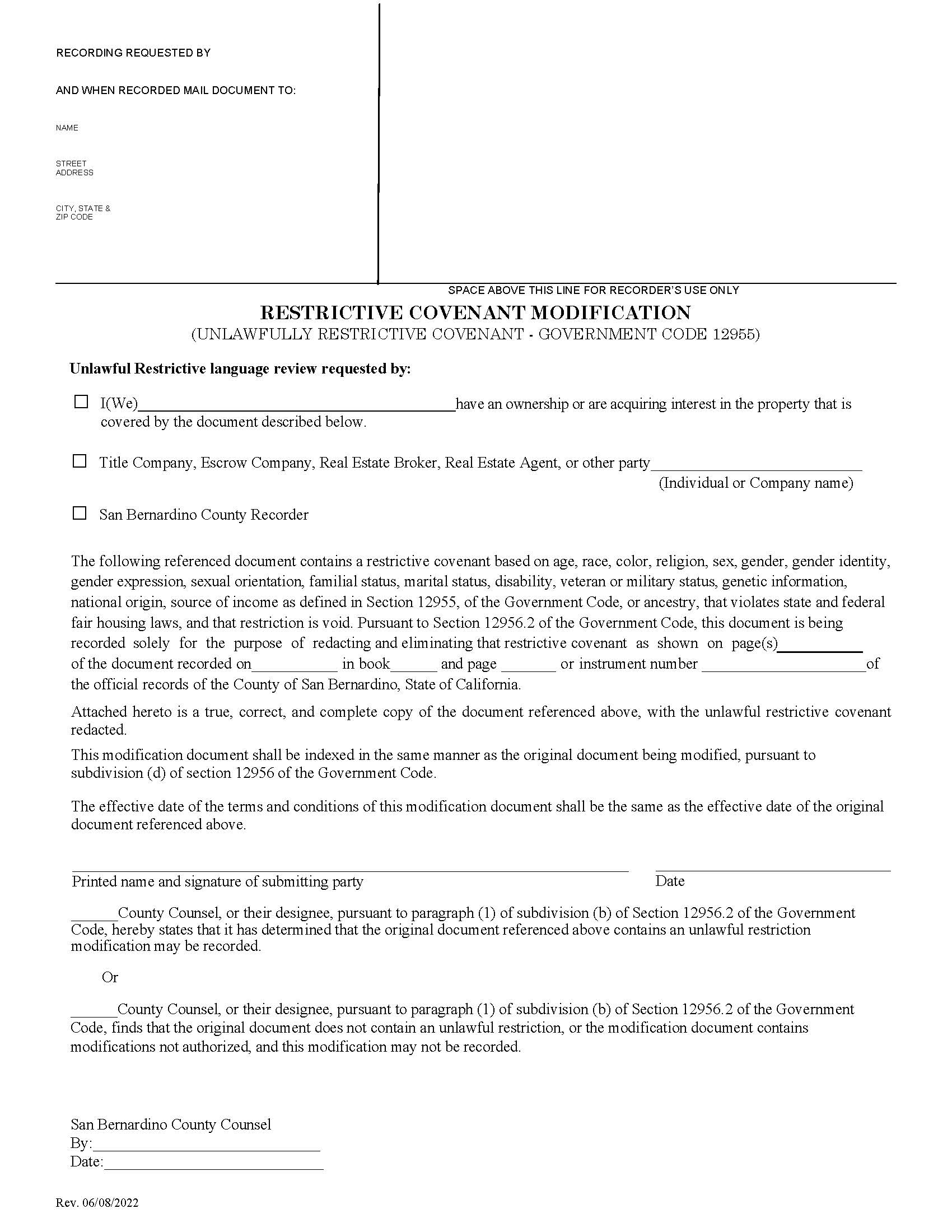 Restrictive Covenant Modification | Pdf Fpdf Doc Docx | California