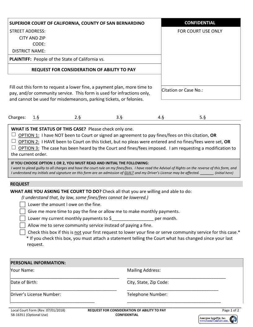Request For Consideration Of Ability To Pay {SB-16351} | Pdf Fpdf Docx | California