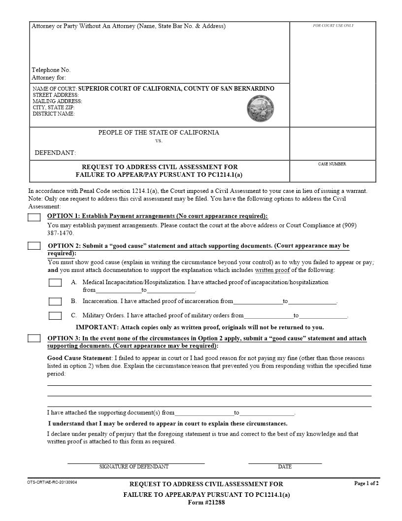 Request To Address Civil Assessment For Failure To Appear {21288} | Pdf Fpdf Doc Docx | California