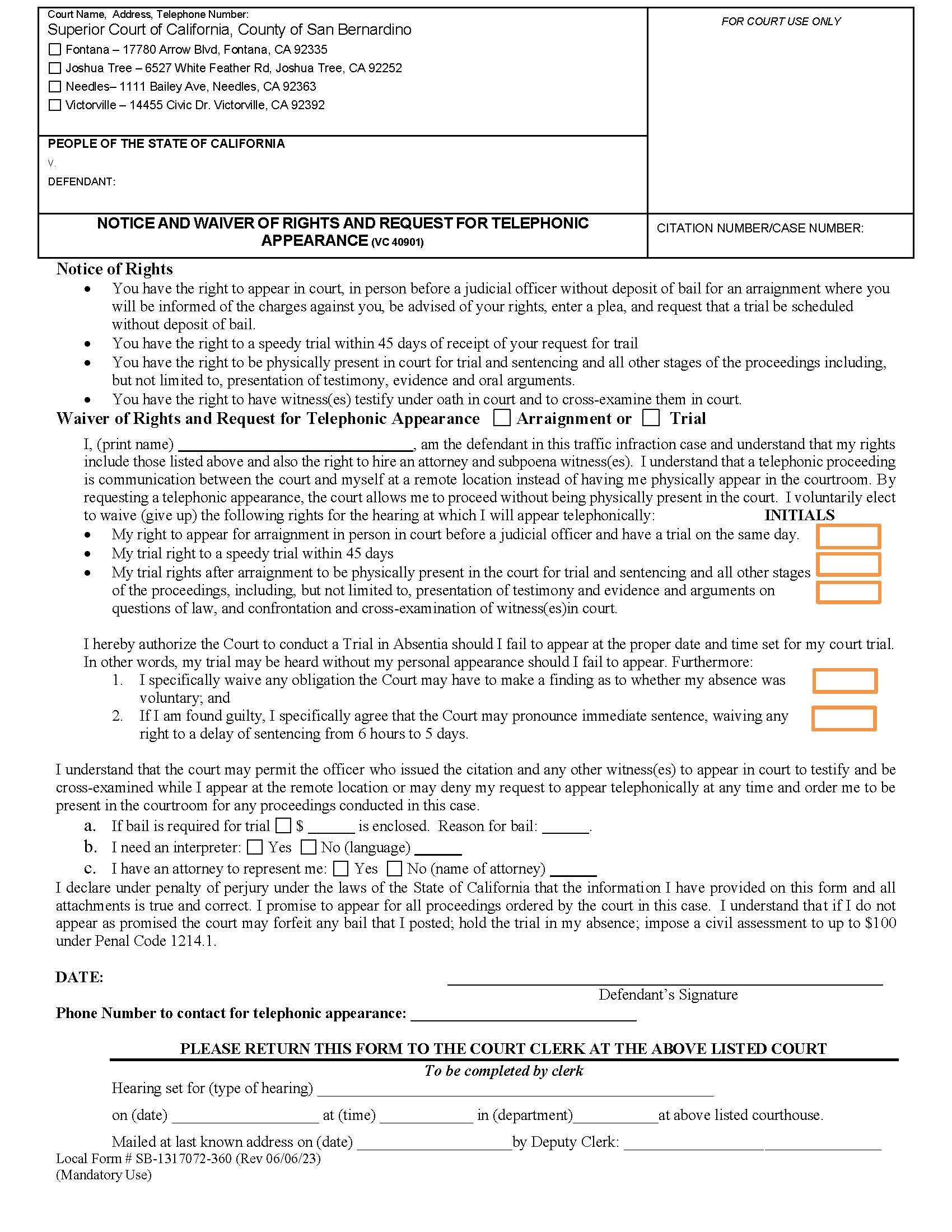 Telephonic Appearance Form (Notice And Waiver Of Rights And Request) {SB-13-17072-360} | Pdf Fpdf Docx | California