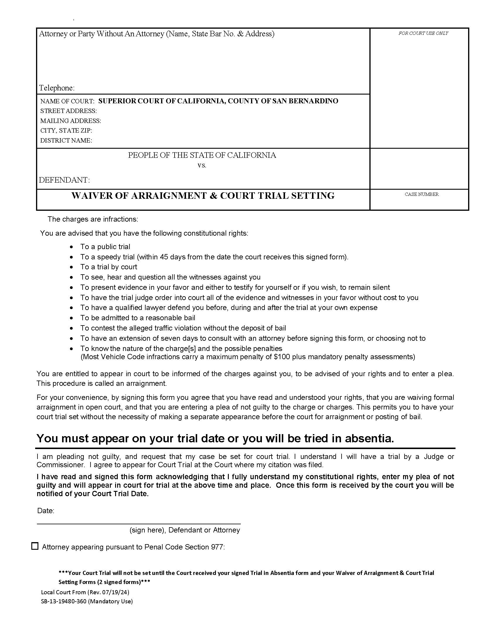 Waiver Of Arraignment And Court Trial Setting {SB-13-19480-360} | Pdf Fpdf Docx | California