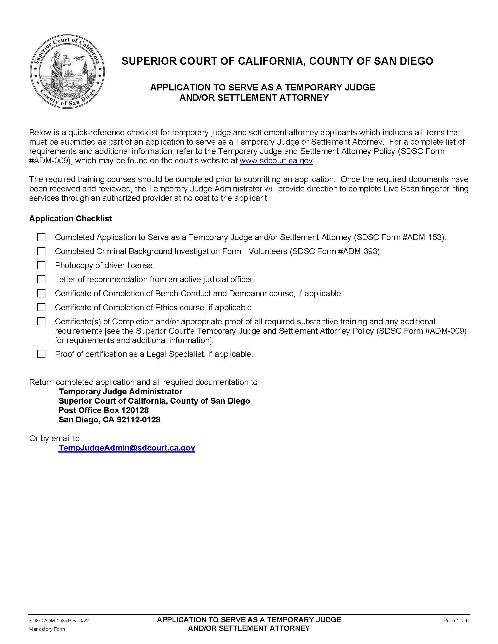 Application To Serve As Temporary Judge {ADM-153} | Pdf Fpdf Docx | California