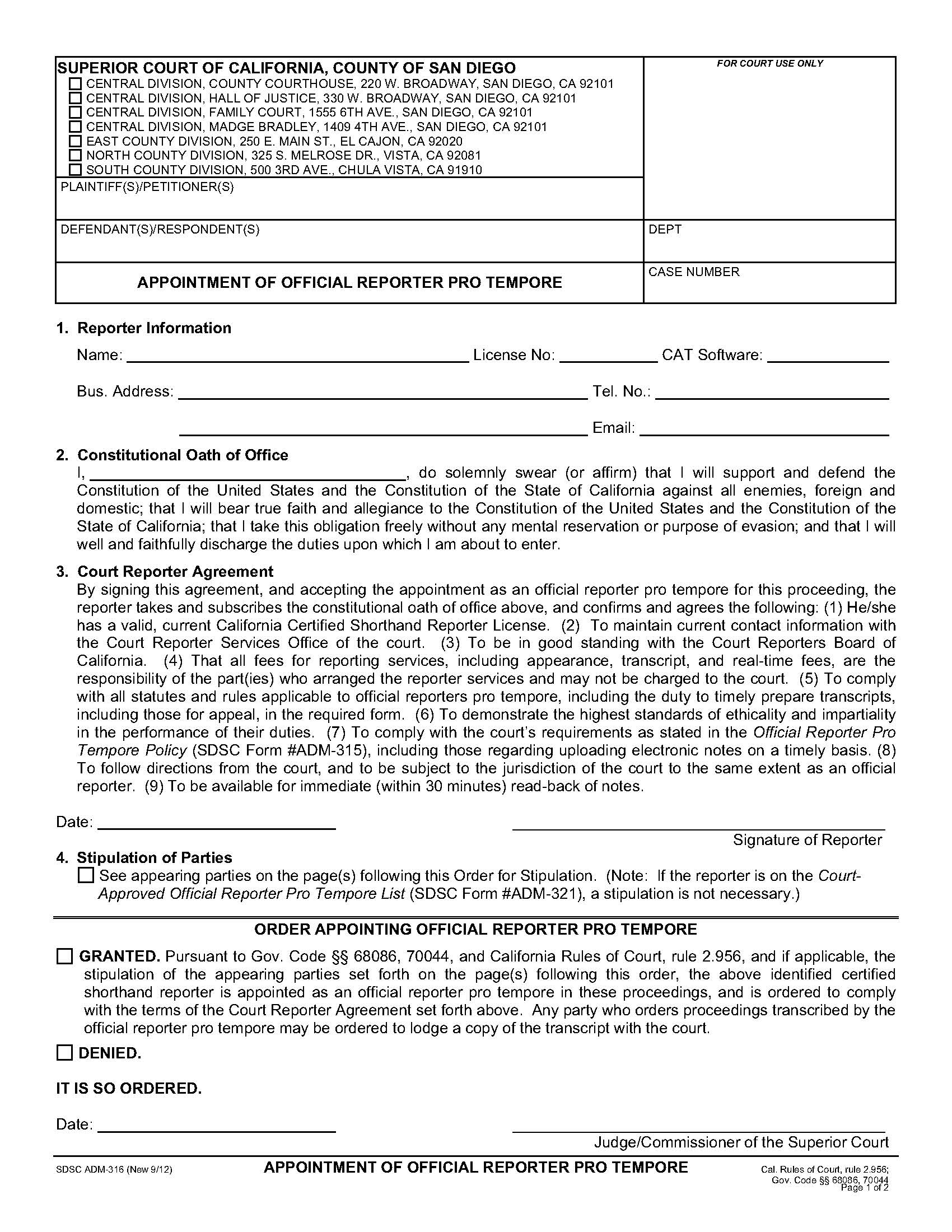 Appointment Of Official Reporter Pro Tempore {ADM-316} | Pdf Fpdf Doc Docx | California