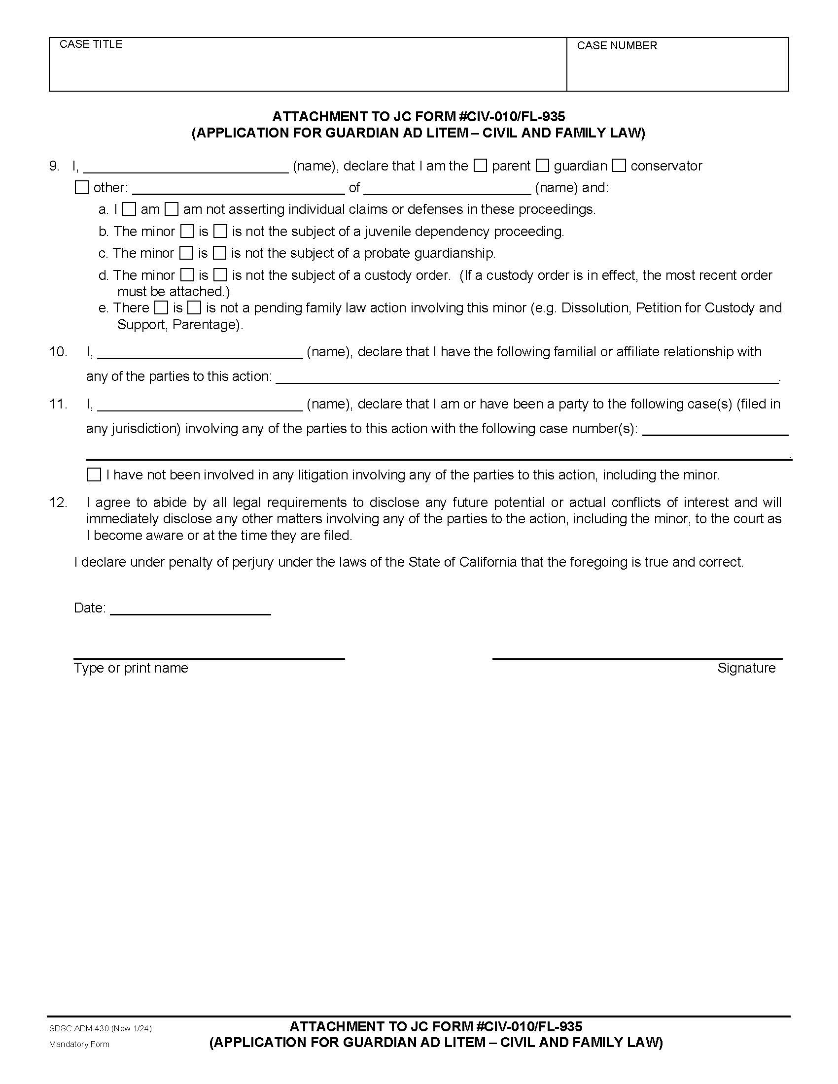 Attachment To JC Form CIV-010 (Application For Guardian Ad Litem) {ADM-430} | Pdf Fpdf Docx | California
