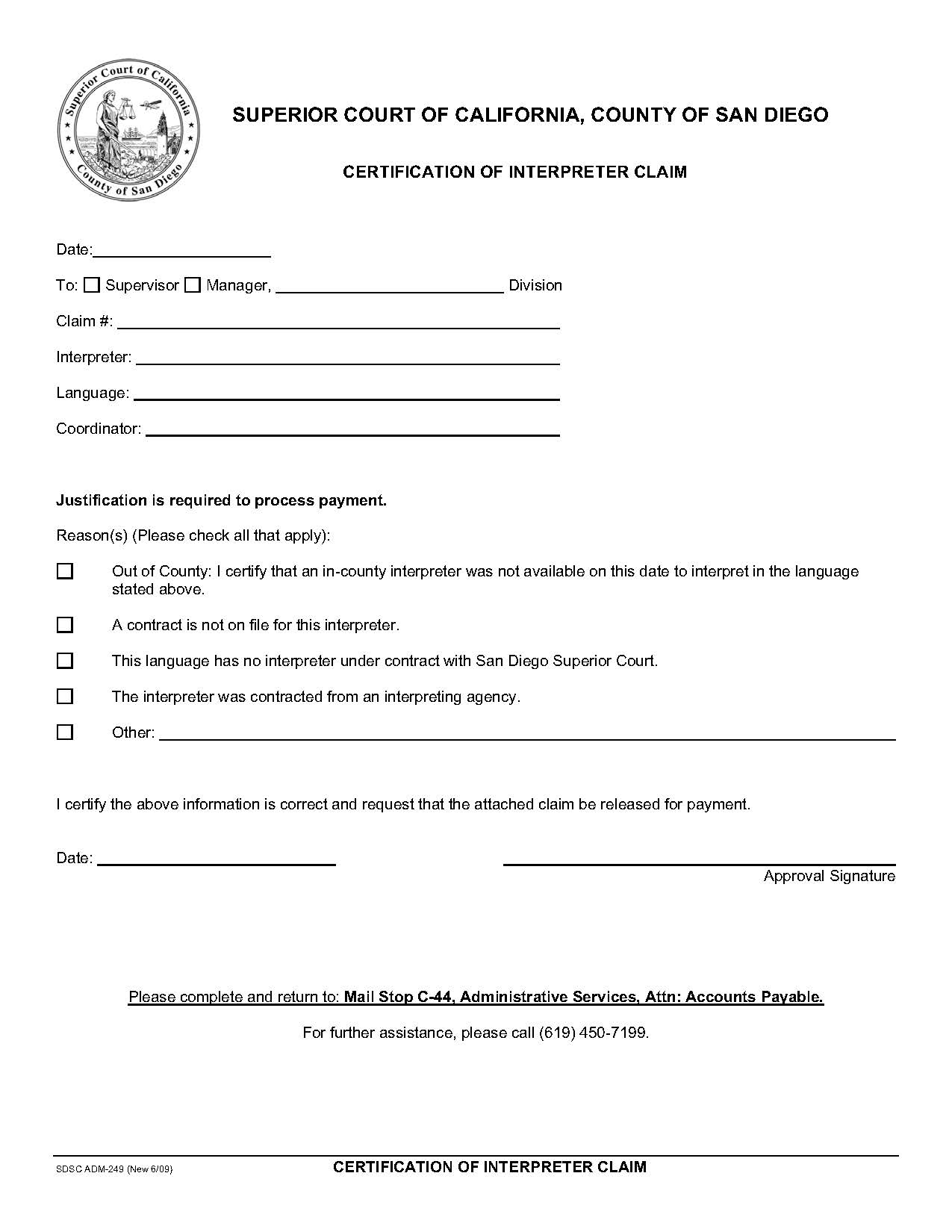 Certification Of Interpreter Claim {ADM-249} | Pdf Fpdf Doc Docx | California