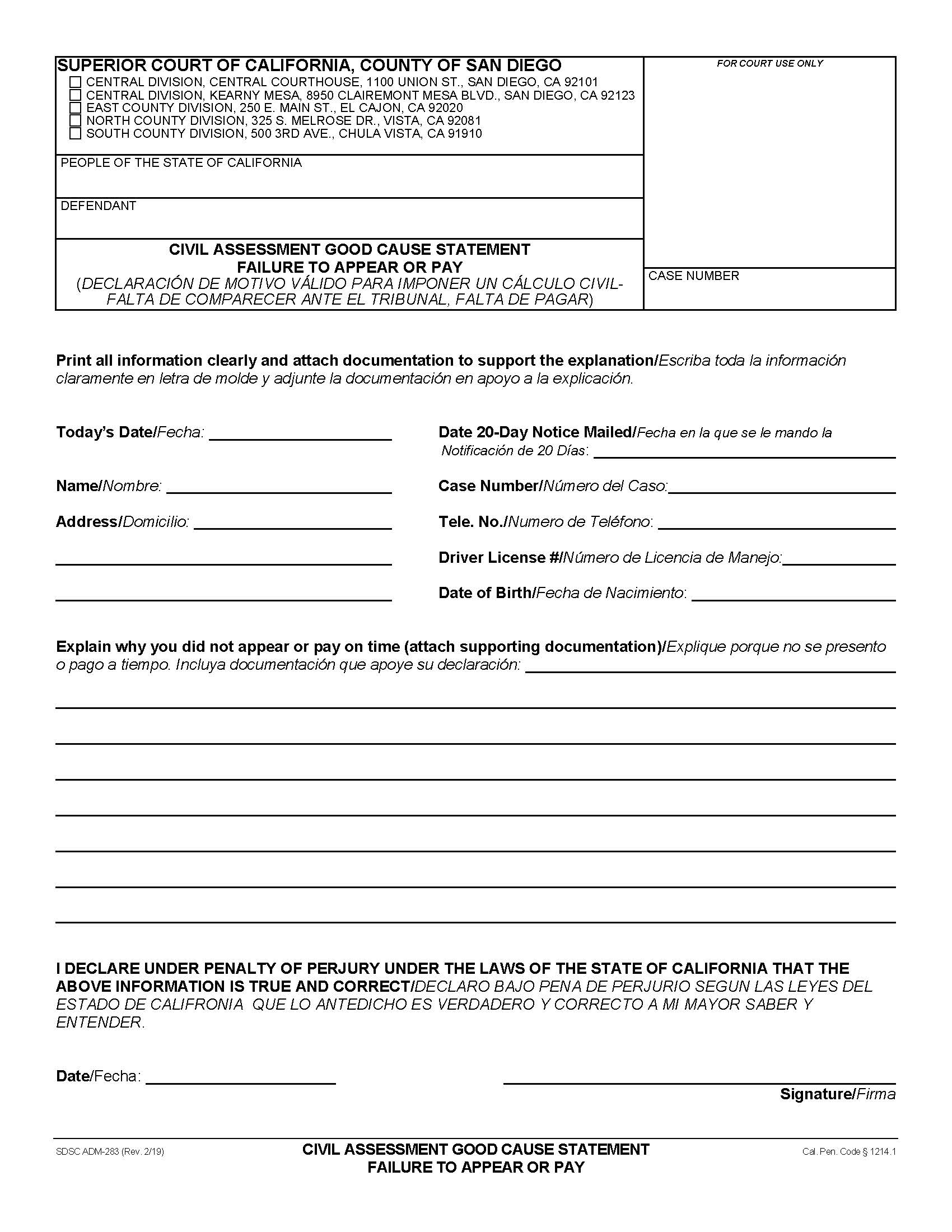 Civil Assessment Good Cause Statement Failure To Appear Or Pay {ADM-283} | Pdf Fpdf Docx | California