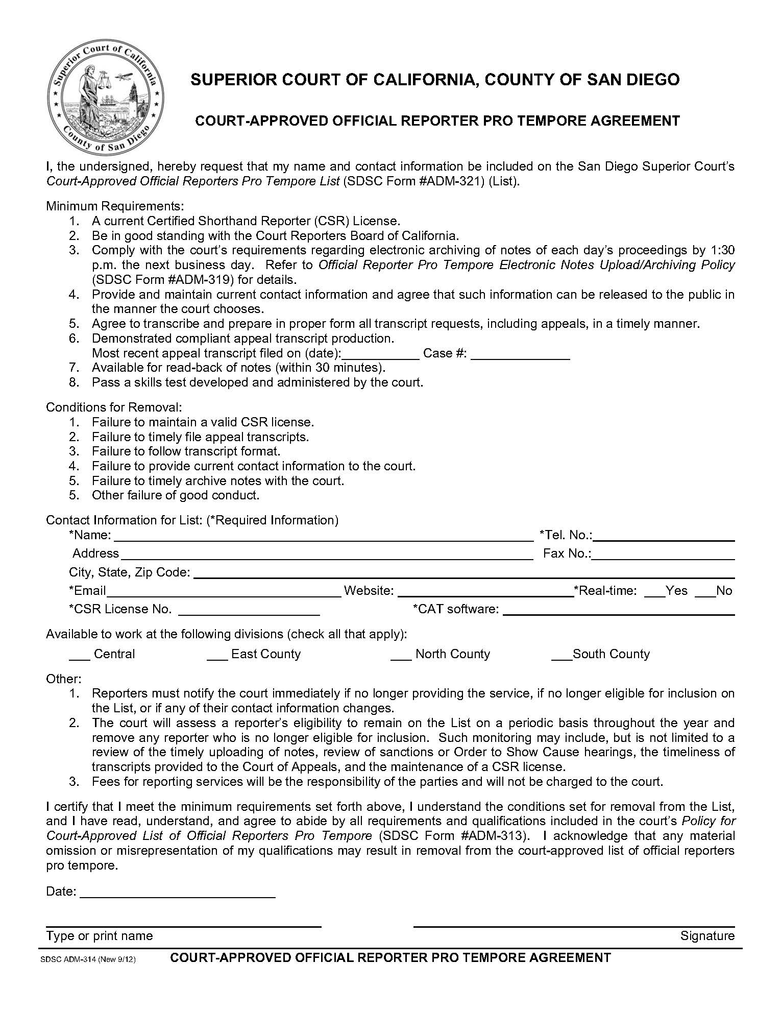 Court-Approved Official Reporter Pro Tempore Agreement {ADM-314} | Pdf Fpdf Doc Docx | California