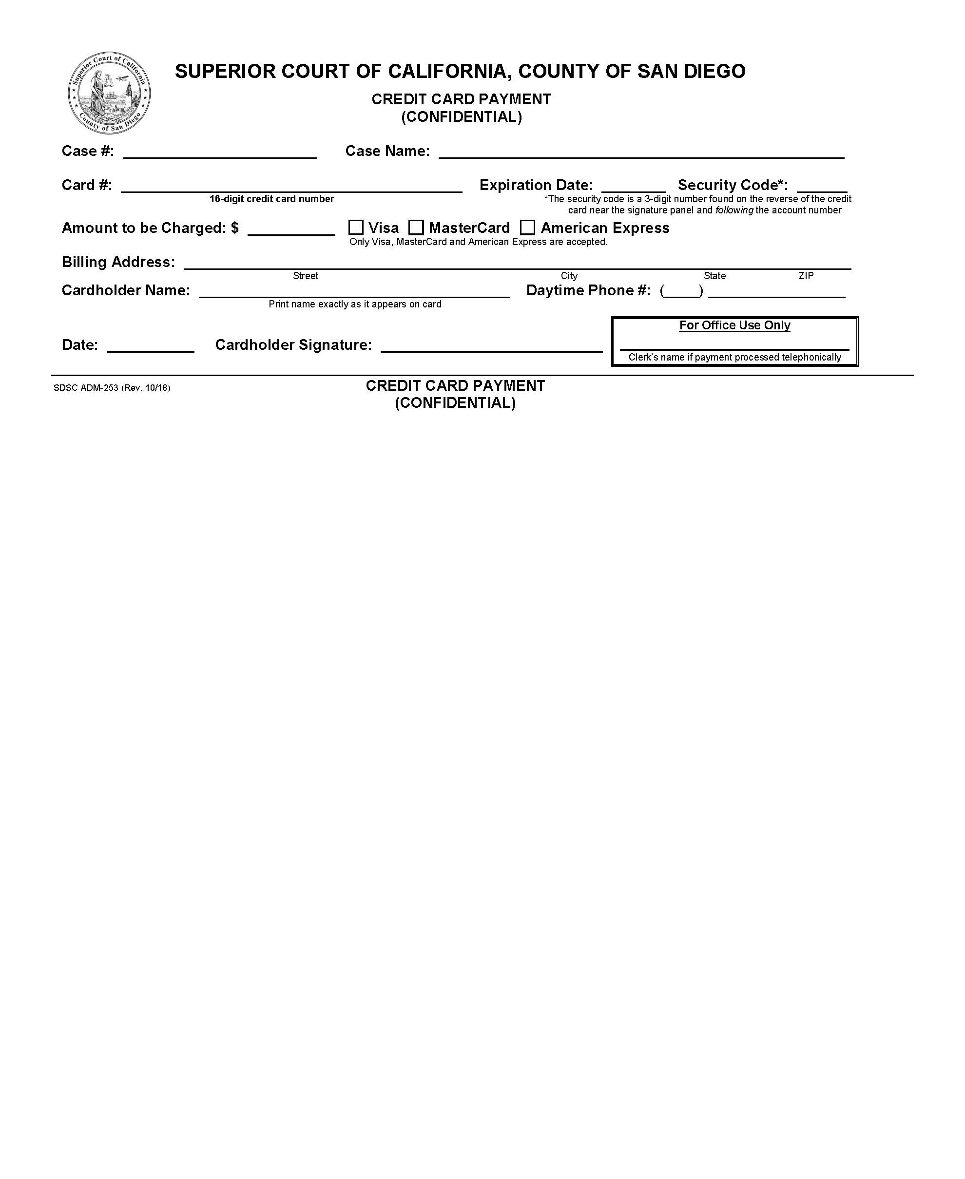 Credit Card Payment (Confidential) {ADM-253} | Pdf Fpdf Docx | California