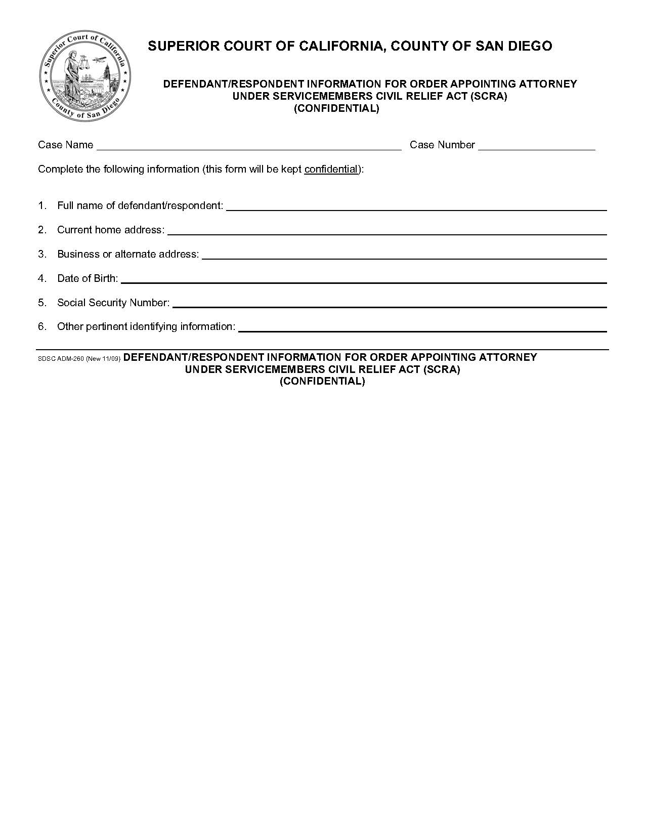 Defendant-Respondent Information For Order Appointing Attorney Under Servicemembers Civil Relief Act {ADM-260} | Pdf Fpdf Doc Docx | California