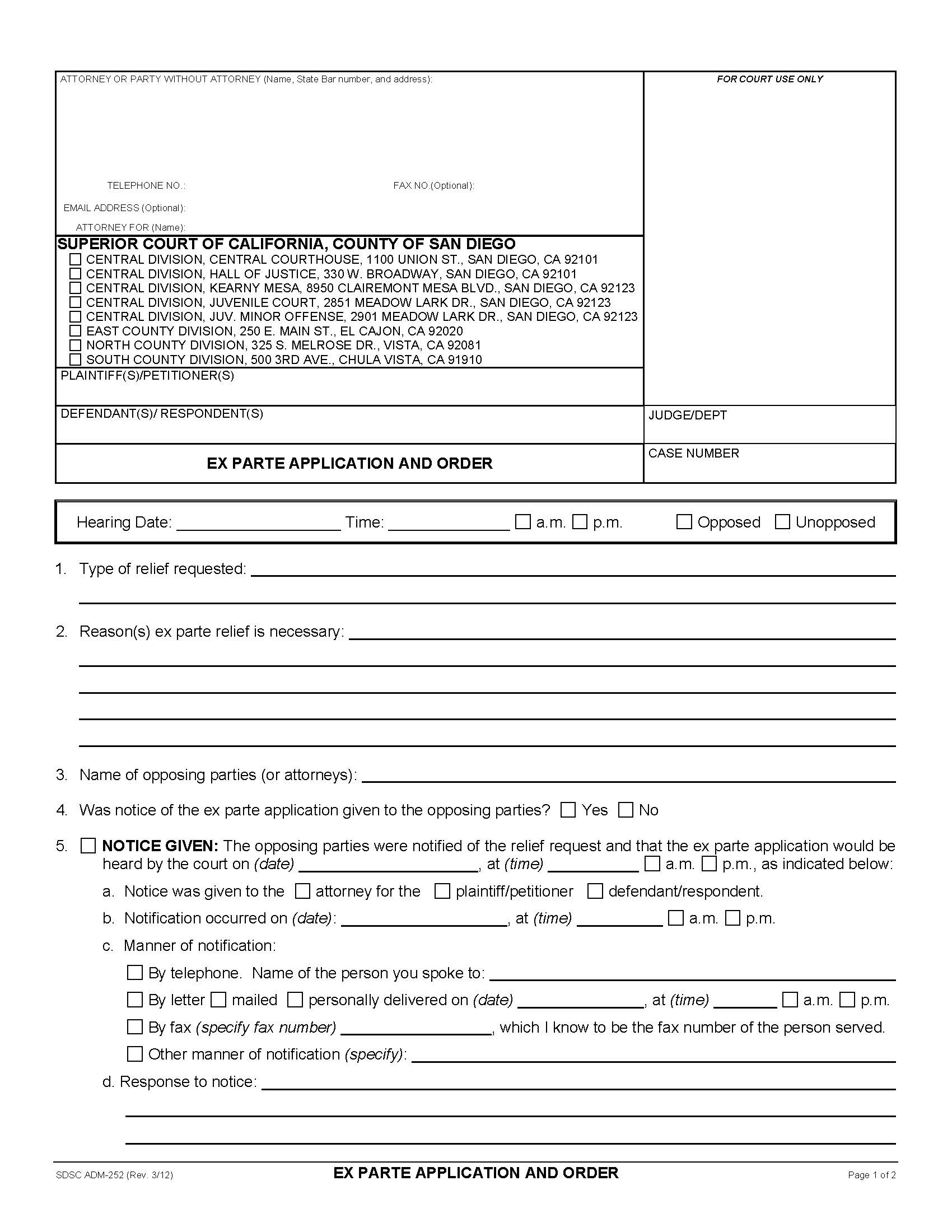 Ex Parte Application And Order {ADM-252} | Pdf Fpdf Docx | California