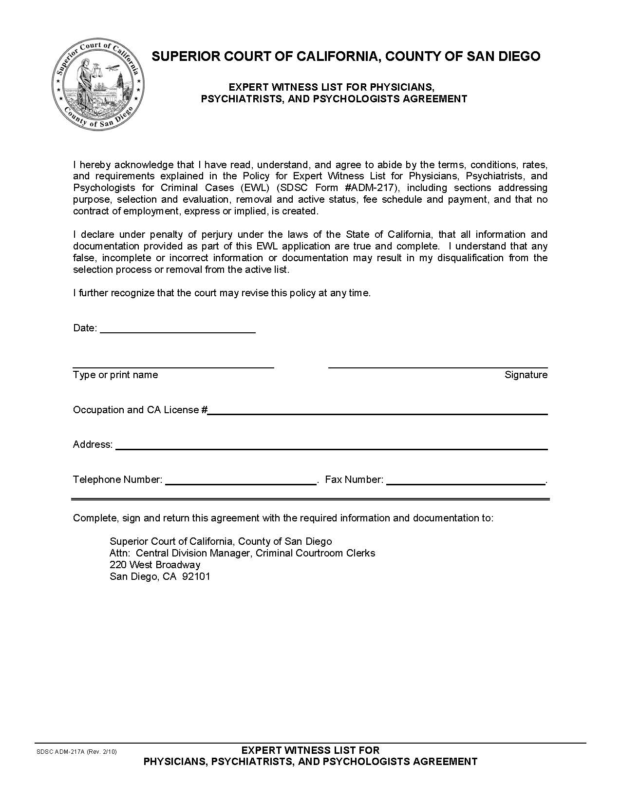 Expert Witness List For Physicians Psychiatrist And Psychologists Agreement {ADM-217A} | Pdf Fpdf Doc Docx | California