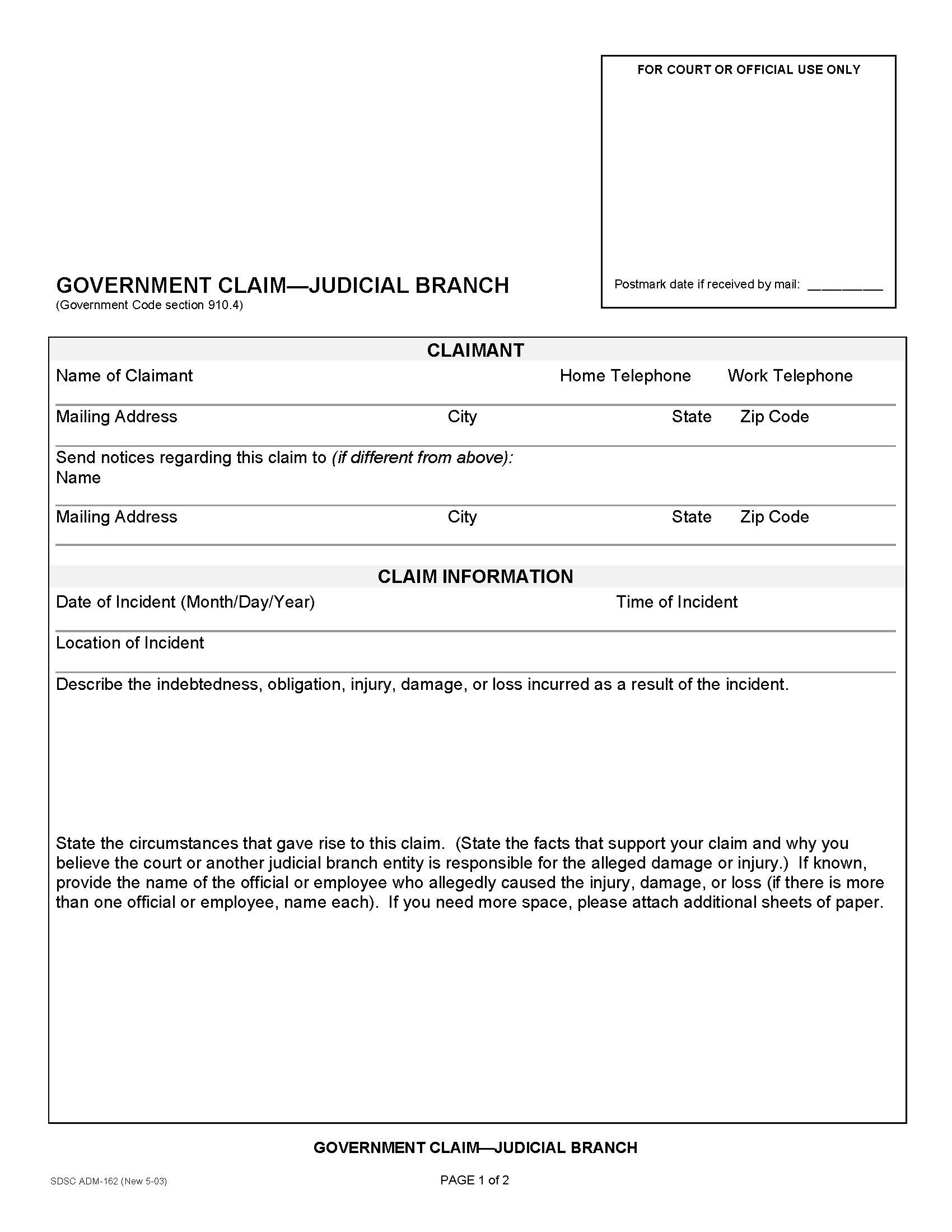 Government Claim-Judicial Branch {ADM-162} | Pdf Fpdf Doc Docx | California