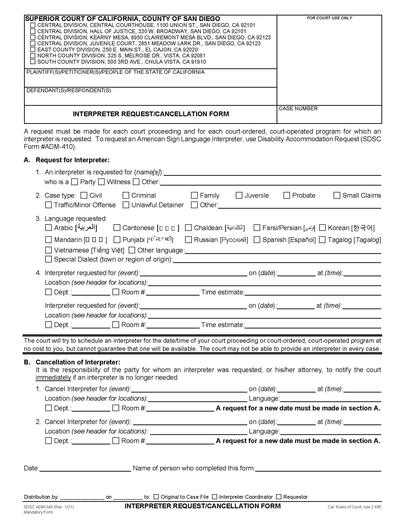 Interpreter Request-Cancellation Form {ADM-348} | Pdf Fpdf Doc Docx | California
