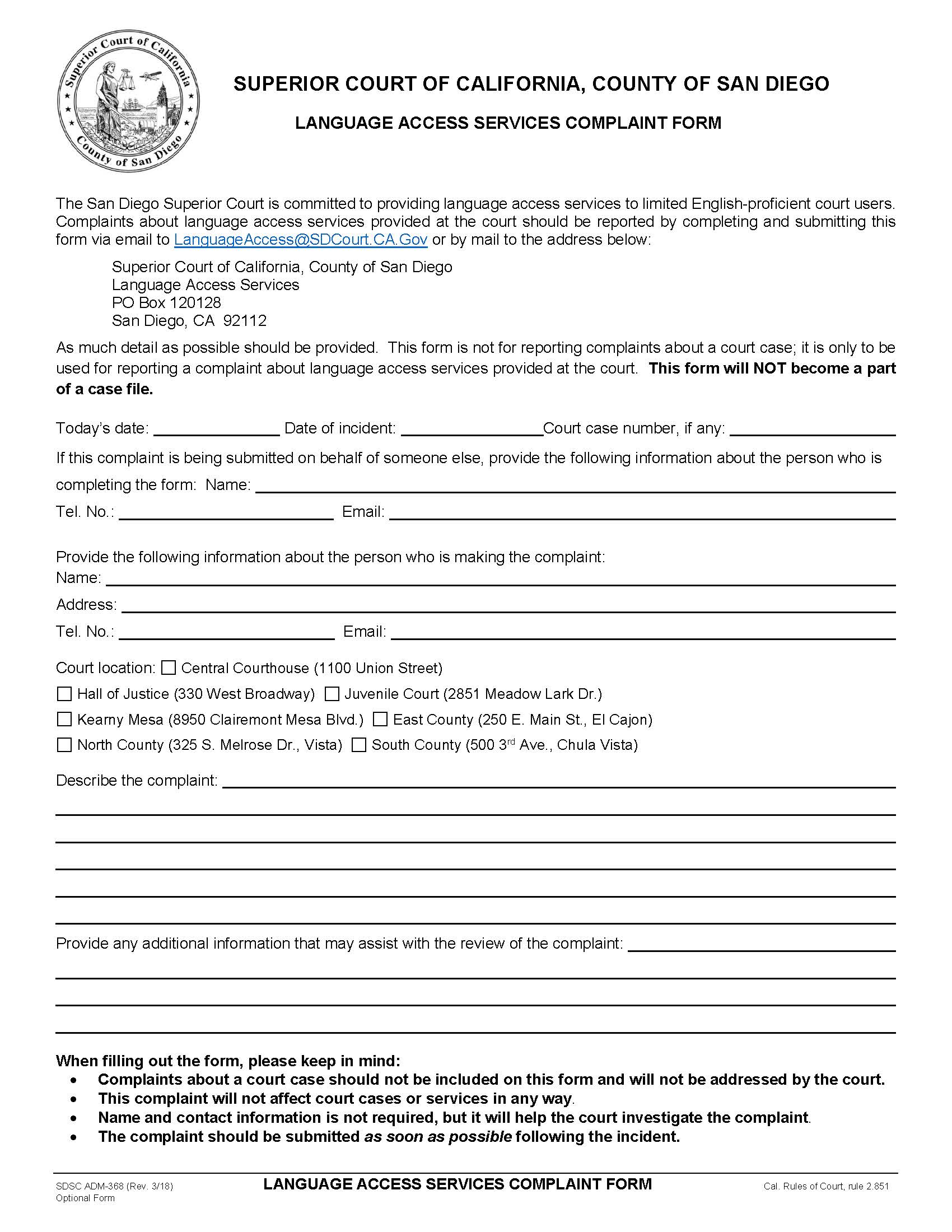 Language Access Services Complaint Form {ADM-368} | Pdf Fpdf Docx | California