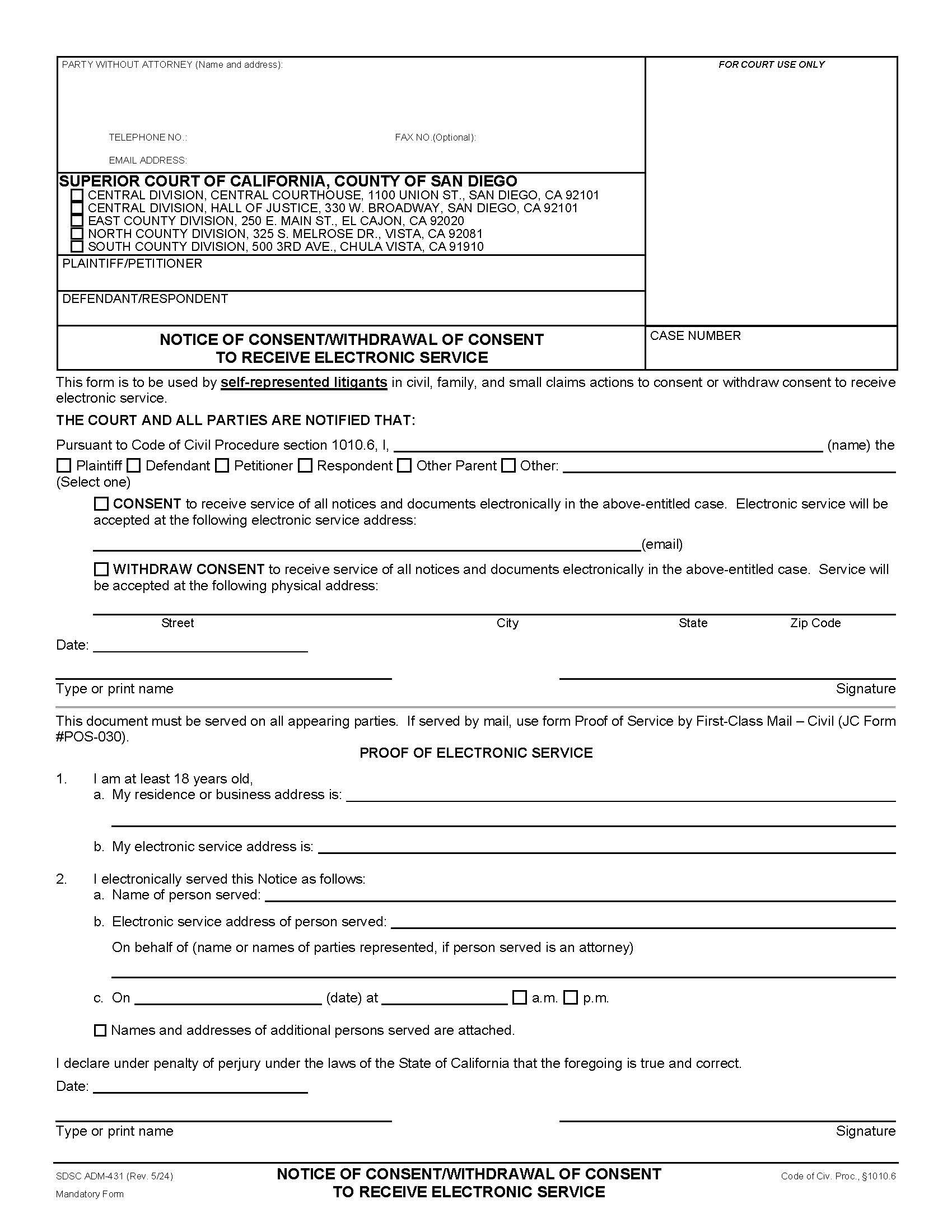 Notice Of Consent-Withdrawal Of Consent To Receive Electronic Service {ADM-431} | Pdf Fpdf Docx | California