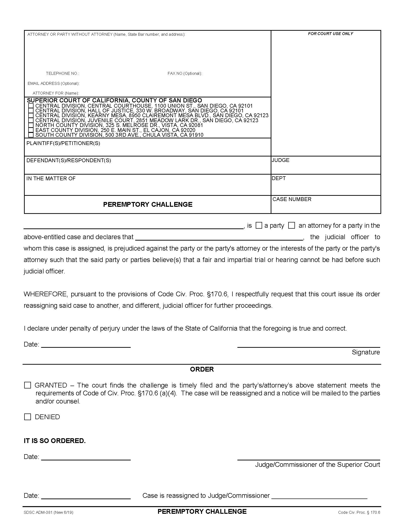 Peremptory Challenge {ADM-381} | Pdf Fpdf Docx | California