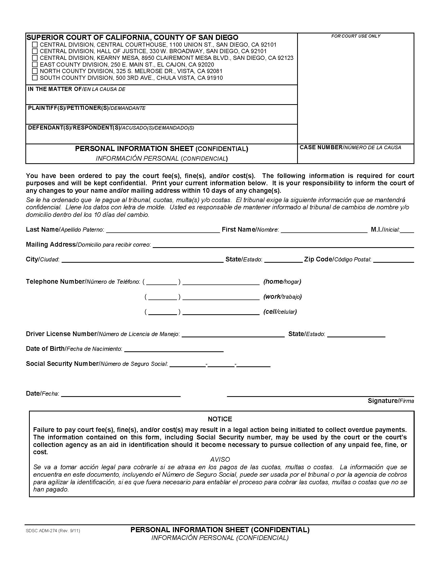 Personal Information Sheet (Confidential) {ADM-274} | Pdf Fpdf Docx | California