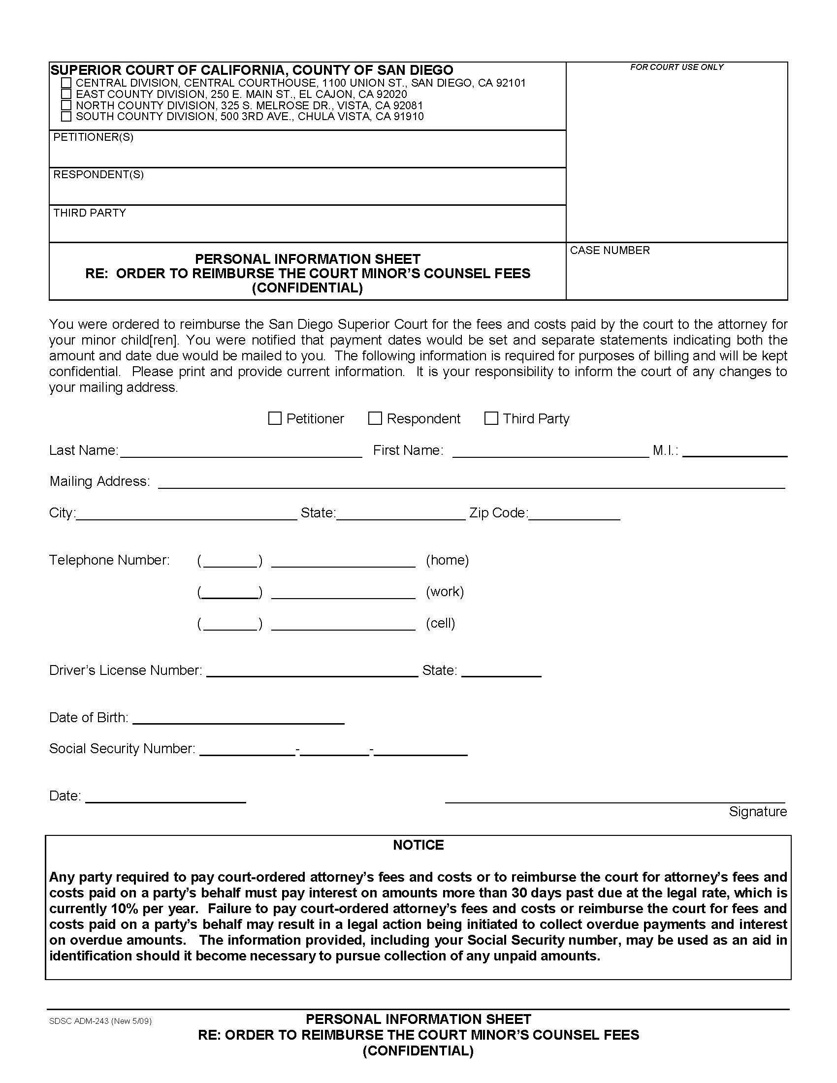 Personal Information Sheet Re Order To Reimburse The Court Minors Counsel Fees {ADM-243} | Pdf Fpdf Docx | California