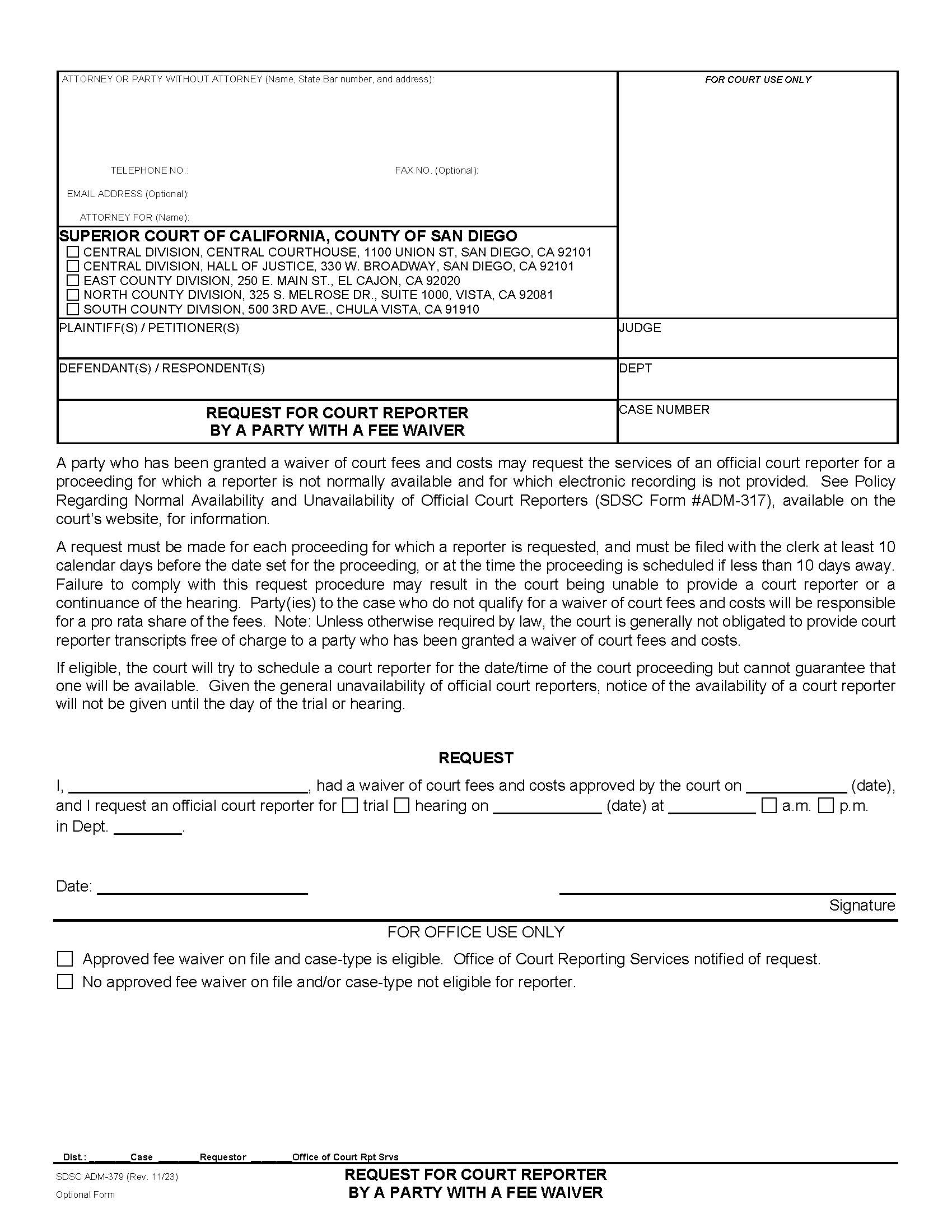 Request For Court Reporter By A Party With A Fee Waiver {ADM-379} | Pdf Fpdf Docx | California