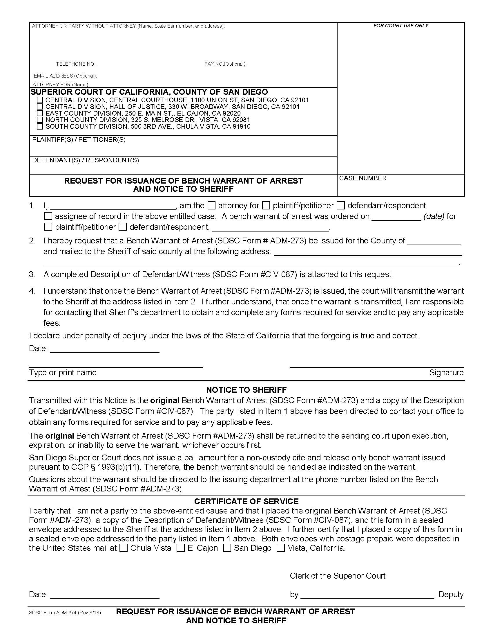 Request For Issuance Of Bench Warrant Of Arrest And Notice To Sheriff {ADM-374} | Pdf Fpdf Docx | California