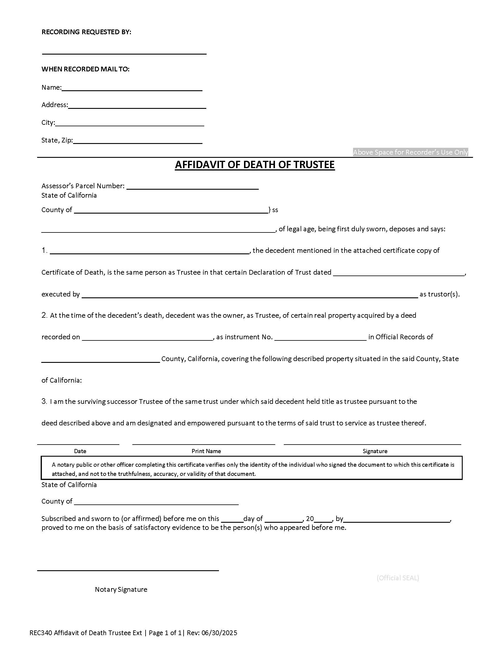 Affidavit Death Of Trustee (San Diego) | Pdf Fpdf Doc Docx | California