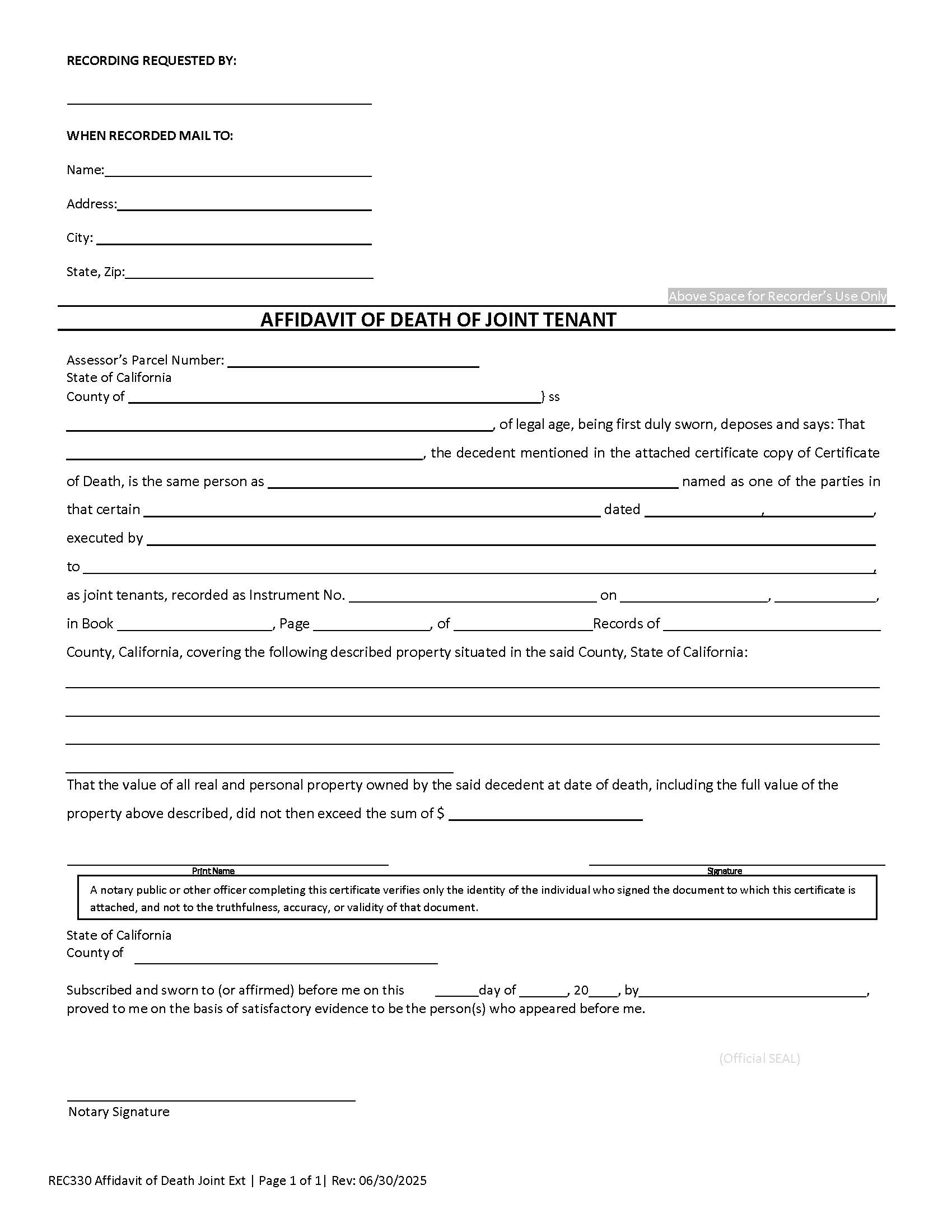 Affidavit Of Death Of Joint Tenant (San Diego) | Pdf Fpdf Doc Docx | California
