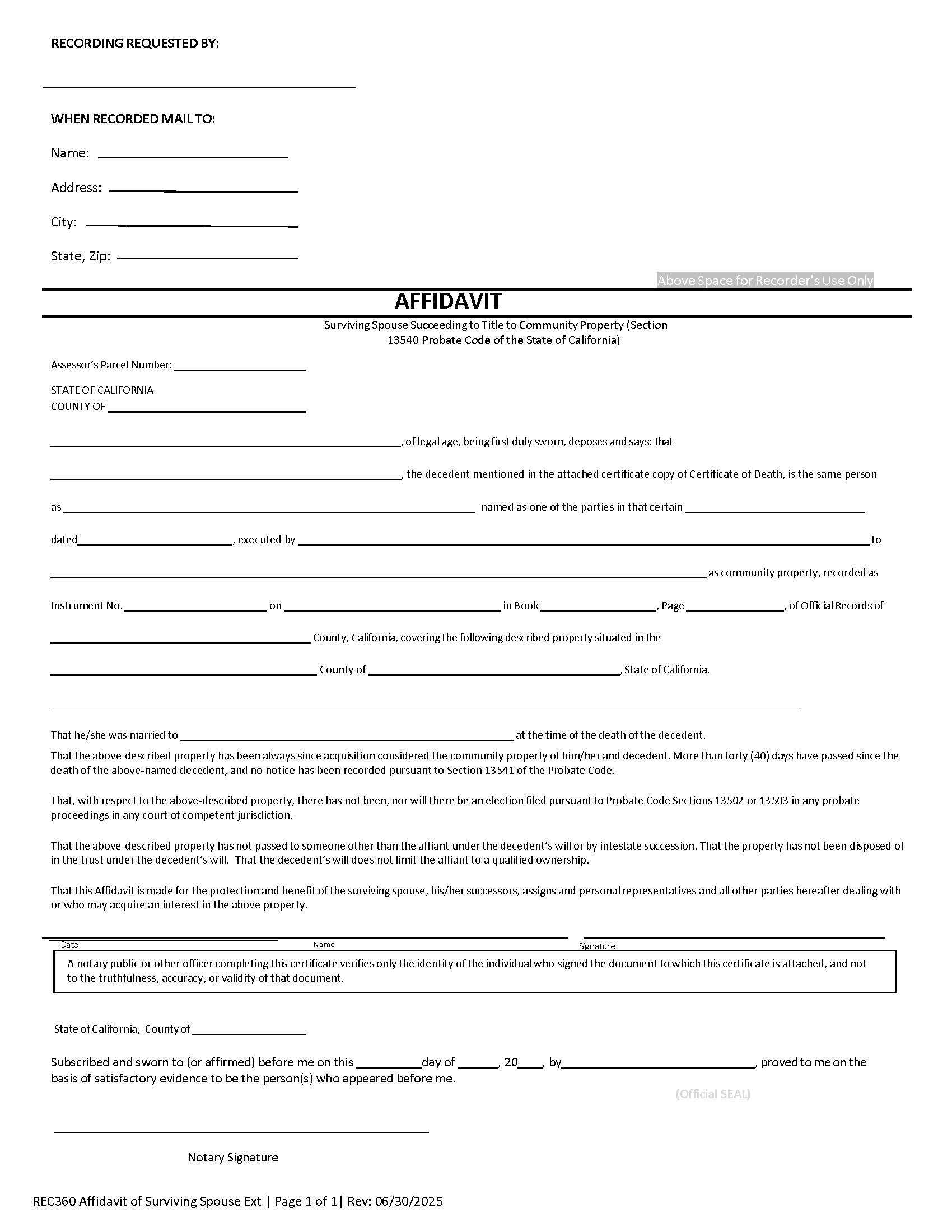 Affidavit Surviving Spouse Succeeding To Title To Community Property (San Diego) | Pdf Fpdf Doc Docx | California