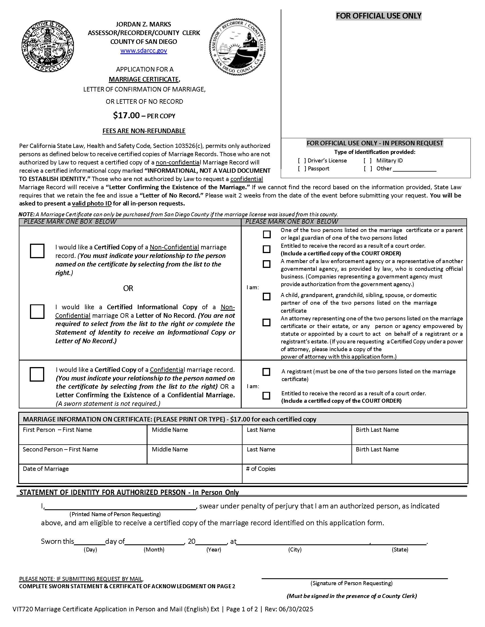 Application For A Marriage Certificate {VIT720} | Pdf Fpdf Docx | California