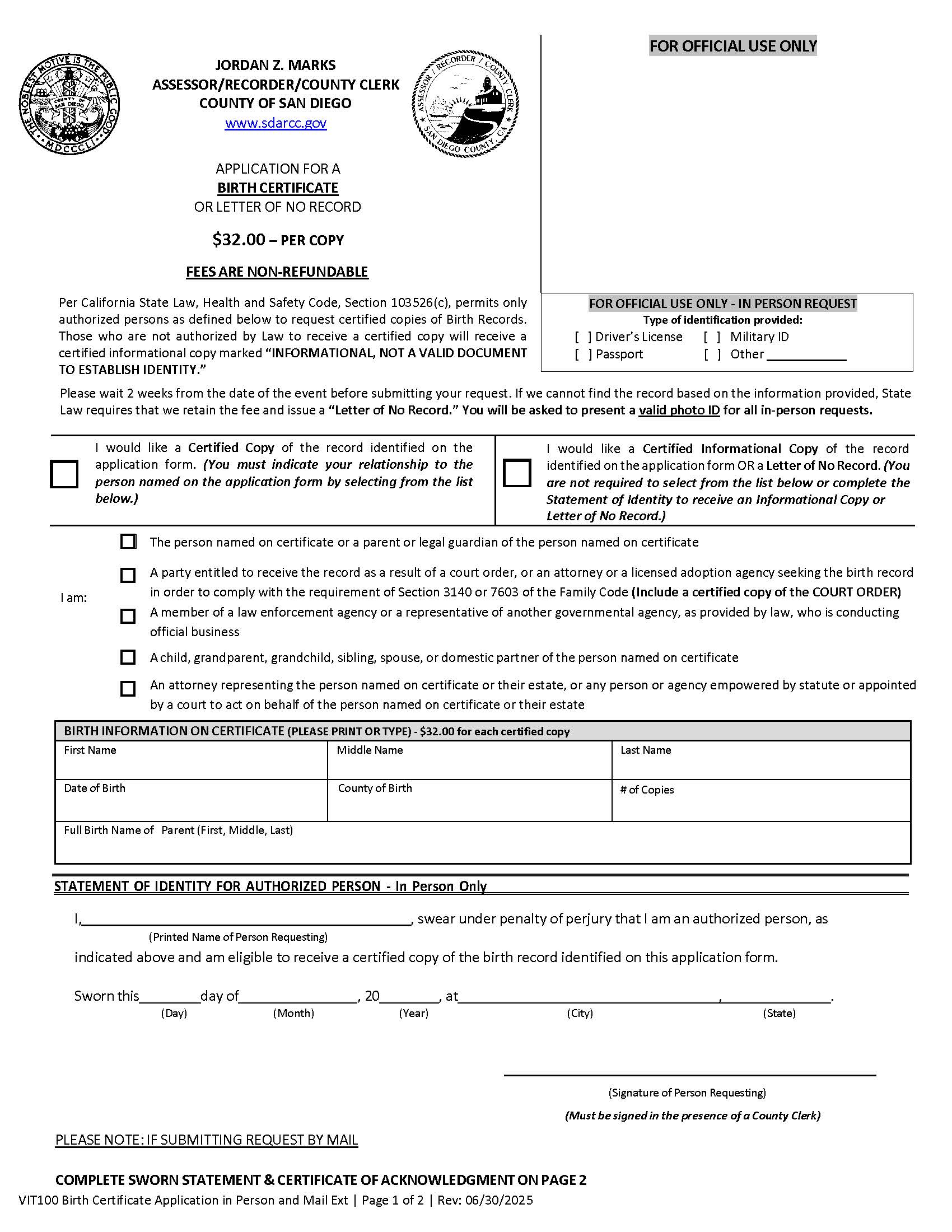 Application For Birth Certificate {VIT100} | Pdf Fpdf Docx | California