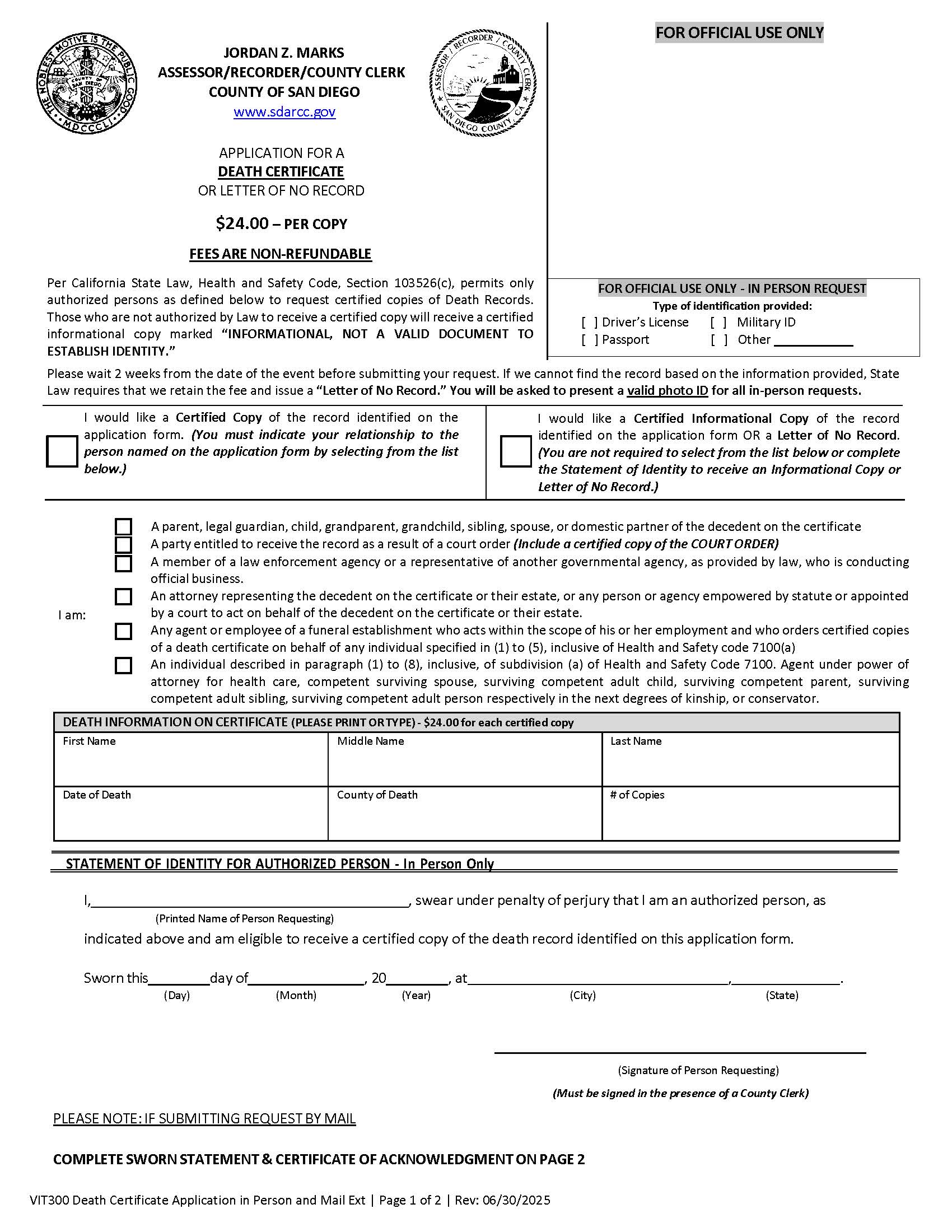 Application For Death Certificate {VIT300} | Pdf Fpdf Docx | California