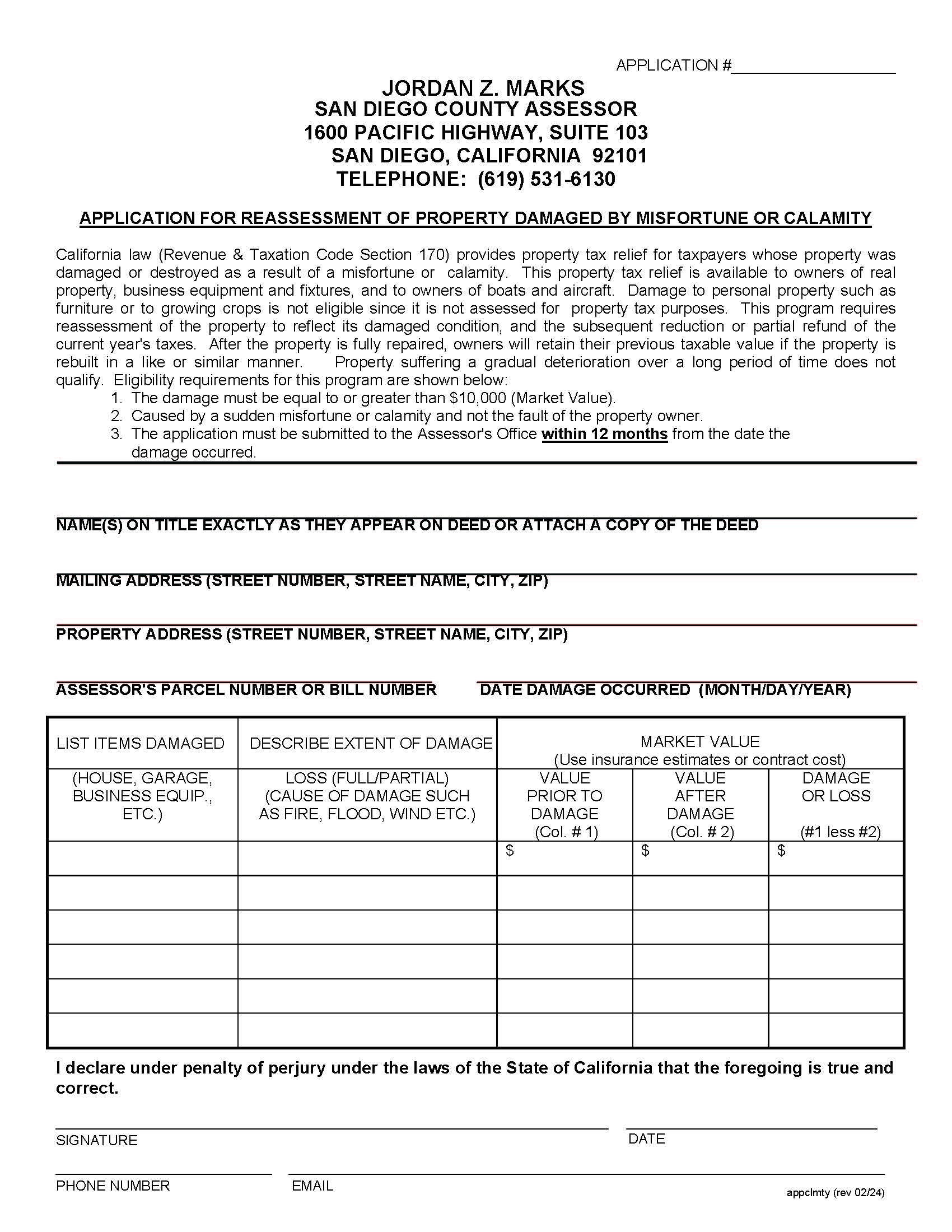 Application For Reassessment Of Property Damaged By Misfortune Or Calamity | Pdf Fpdf Doc Docx | California