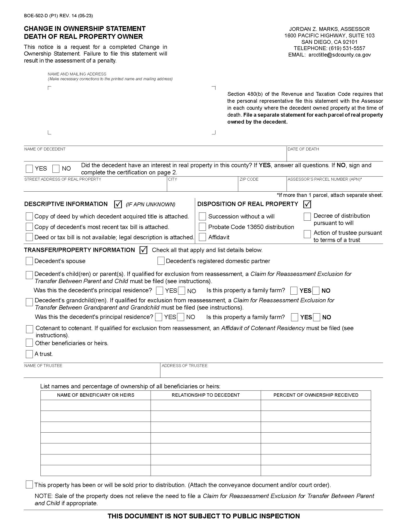 Change In Ownership Statement Death Of Real Property Owner (San Diego)  {BOE-502-D} | Pdf Fpdf Docx | California