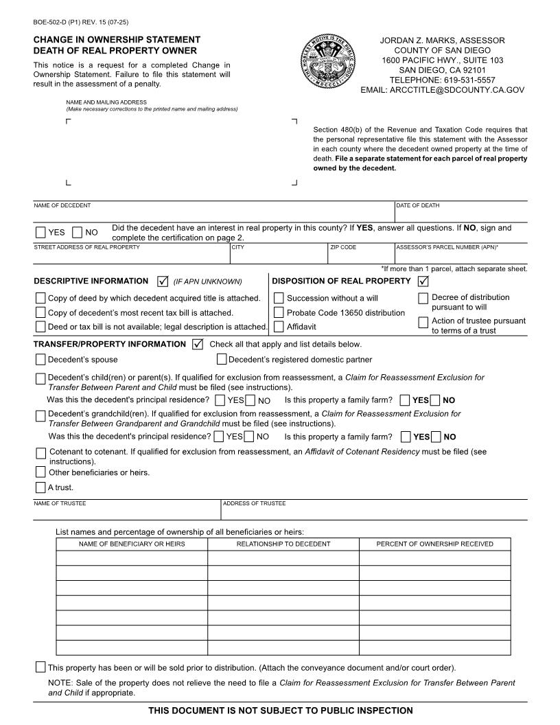 Change In Ownership Statement Death Of Real Property Owner (San Diego)  {BOE-502-D} | Pdf Fpdf Docx | California