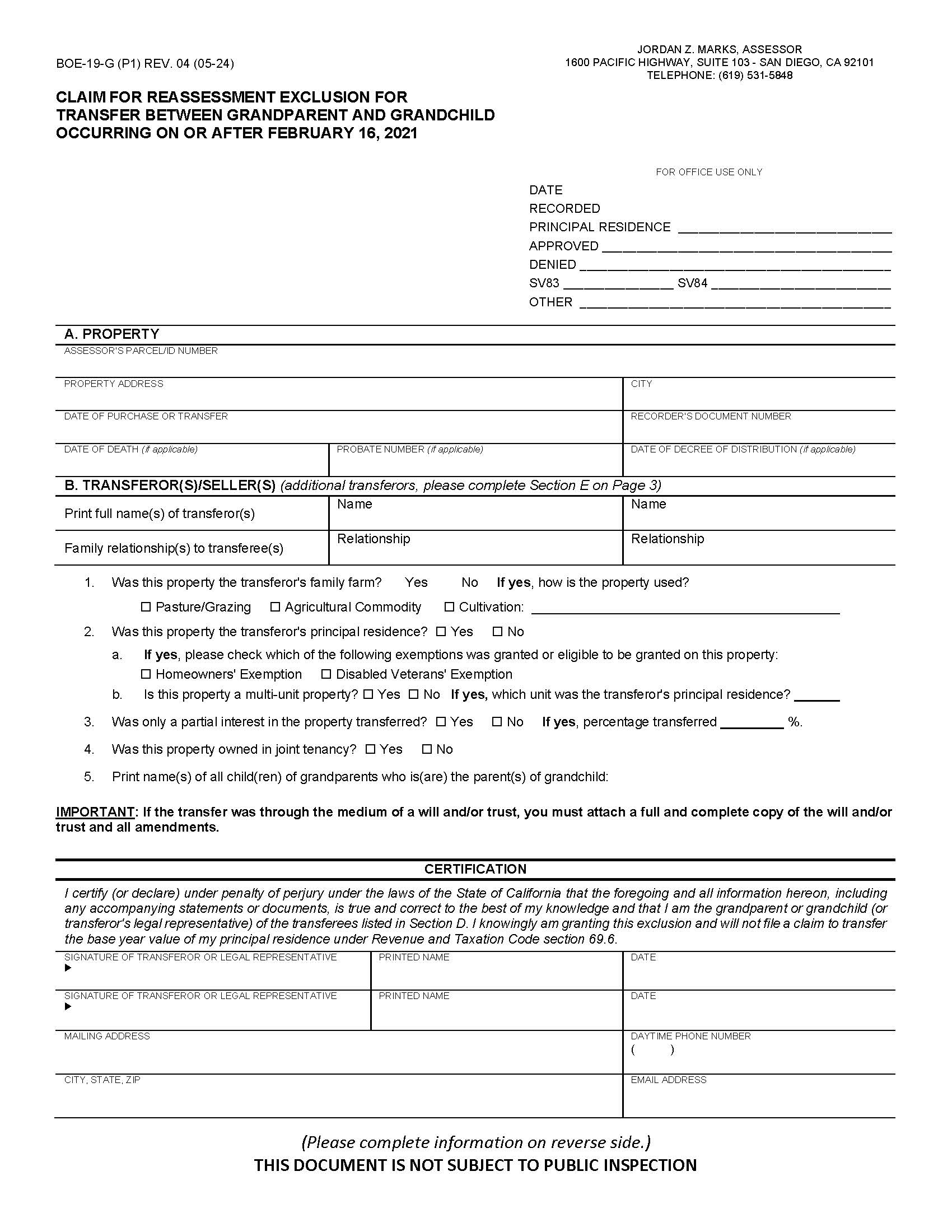 Claim For Reassessment Exclusion For Transfer Between Grandparent And Grandchild (San Diego) {BOE-19-G} | Pdf Fpdf Docx | California