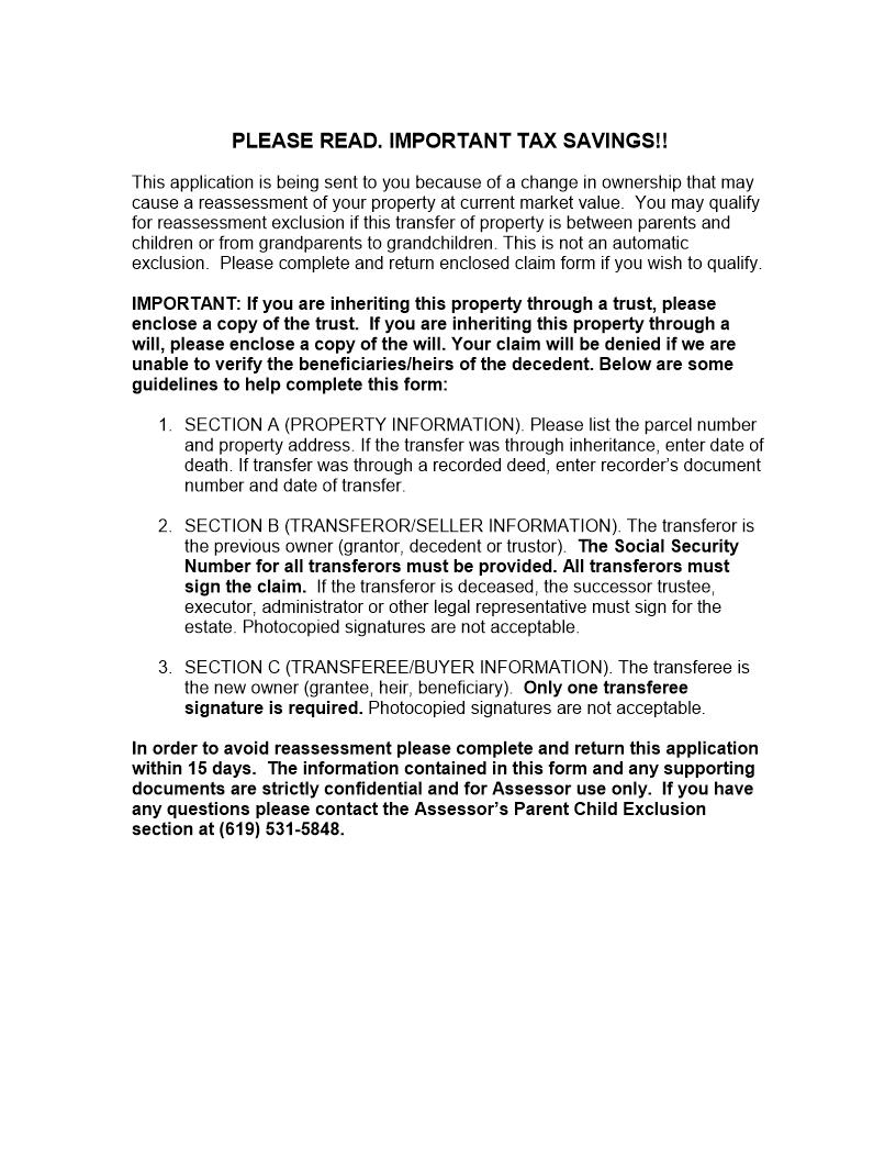 Claim For Reassessment Exclusion For Transfer Between Parent And Child (Before 02-16-21) (San Diego) {BOE-58-AH} | Pdf Fpdf Docx | California