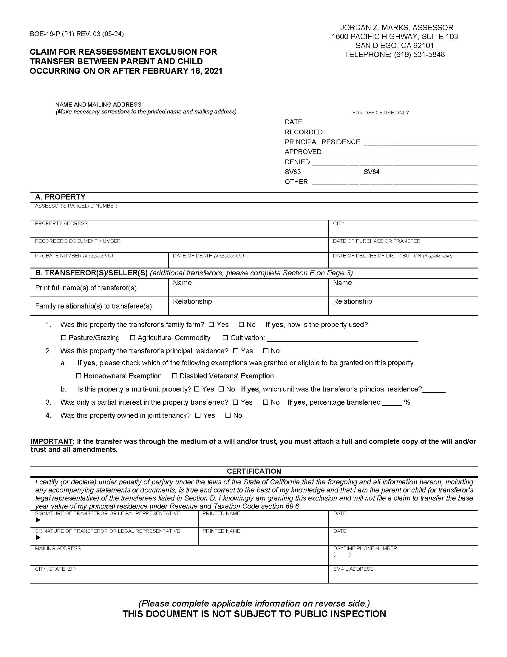 Claim For Reassessment Exclusion For Transfer Between Parent And Child (San Diego) {BOE-19-P} | Pdf Fpdf Docx | California